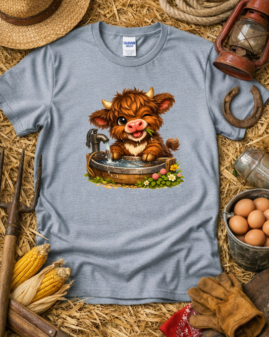 Cute Baby Highland Cow, Kawaii Farm Animal Illustration, Rustic Wash Tub Cow Art for Sublimation & Kids Decor