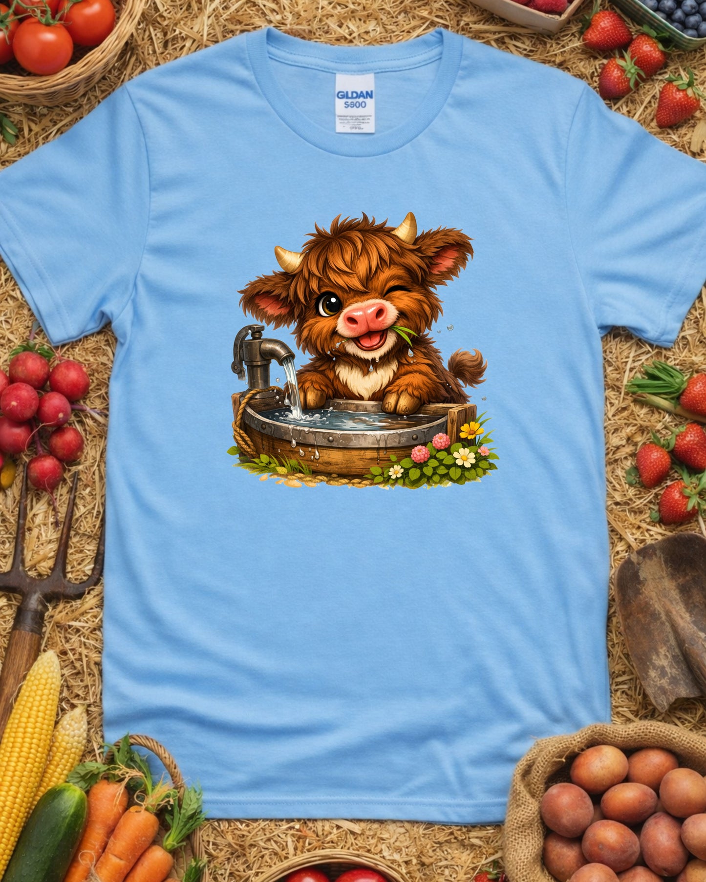 Cute Baby Highland Cow, Kawaii Farm Animal Illustration, Rustic Wash Tub Cow Art for Sublimation & Kids Decor