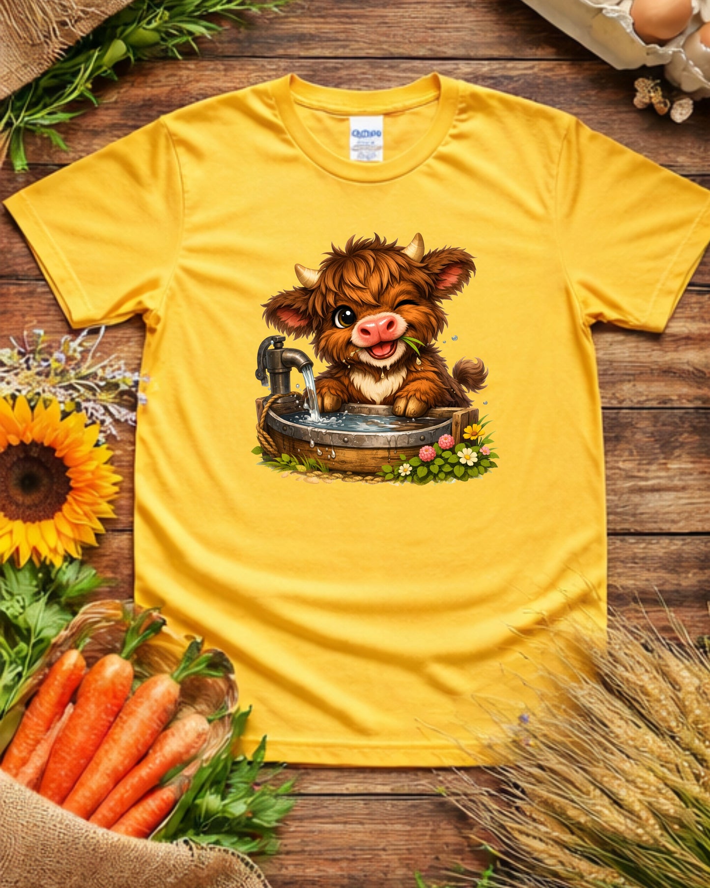 Cute Baby Highland Cow, Kawaii Farm Animal Illustration, Rustic Wash Tub Cow Art for Sublimation & Kids Decor