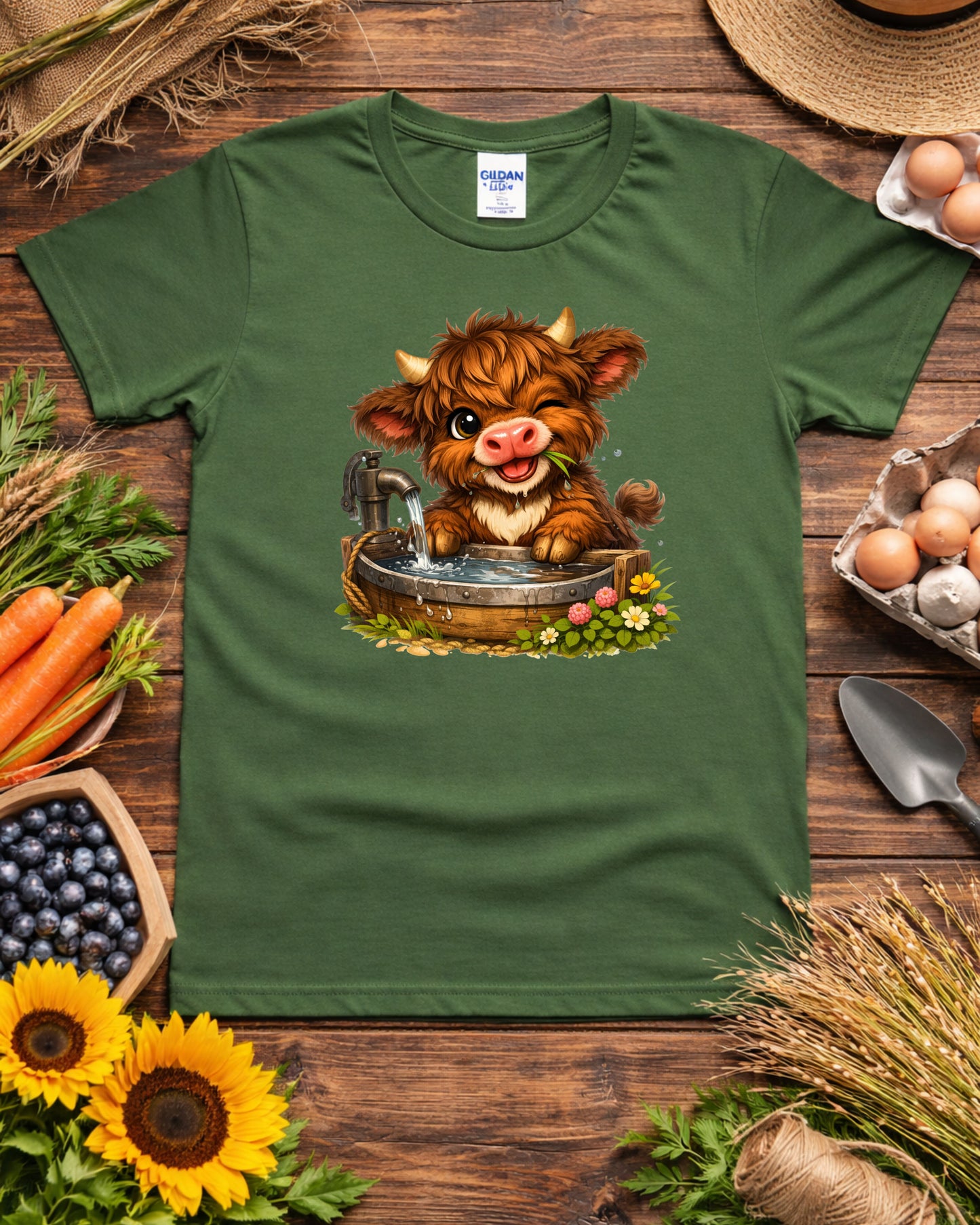 Cute Baby Highland Cow, Kawaii Farm Animal Illustration, Rustic Wash Tub Cow Art for Sublimation & Kids Decor