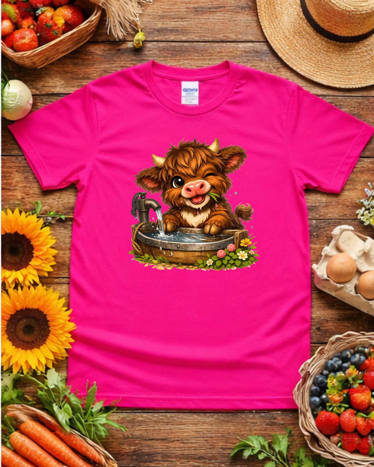 Cute Baby Highland Cow, Kawaii Farm Animal Illustration, Rustic Wash Tub Cow Art for Sublimation & Kids Decor