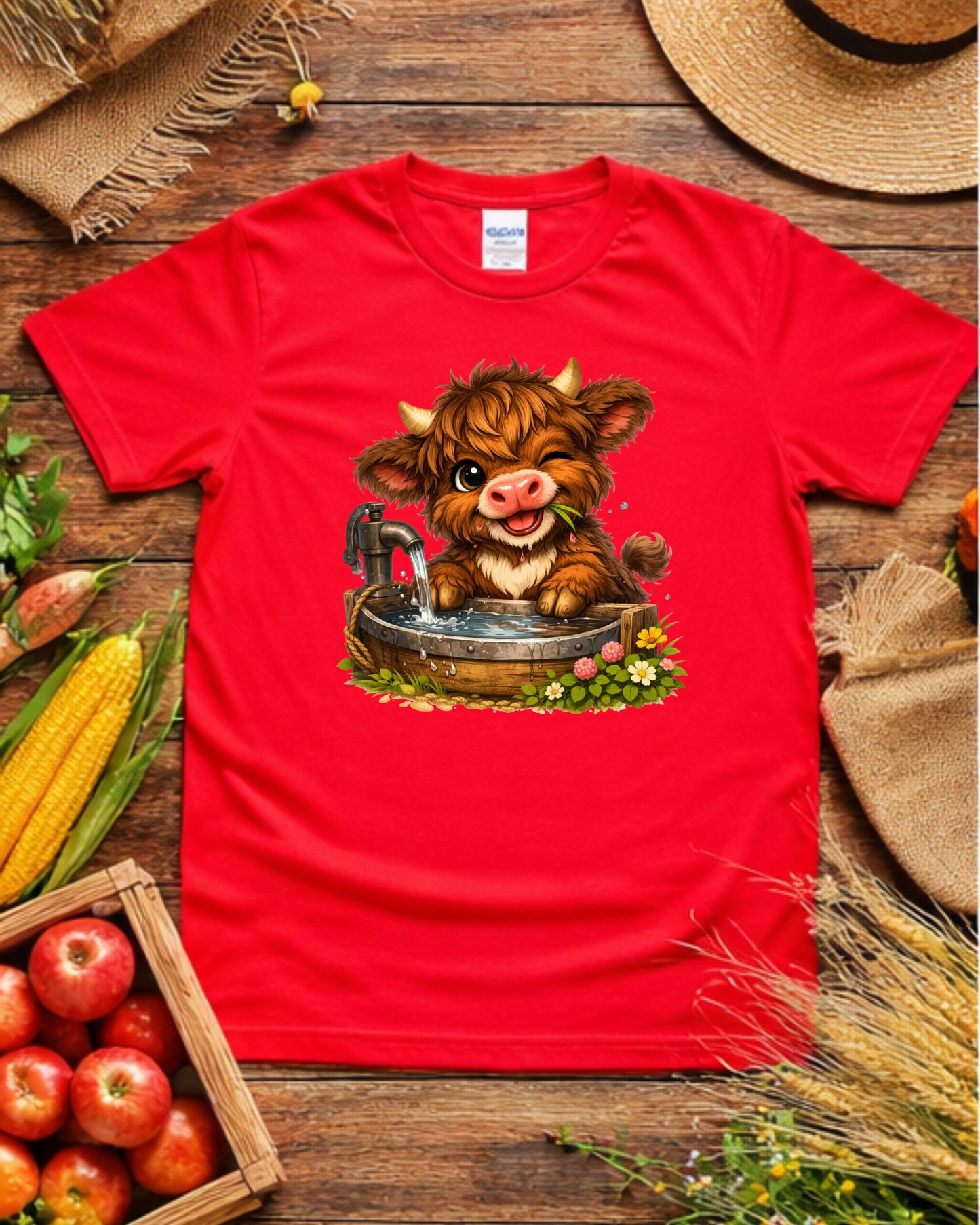 Cute Baby Highland Cow, Kawaii Farm Animal Illustration, Rustic Wash Tub Cow Art for Sublimation & Kids Decor