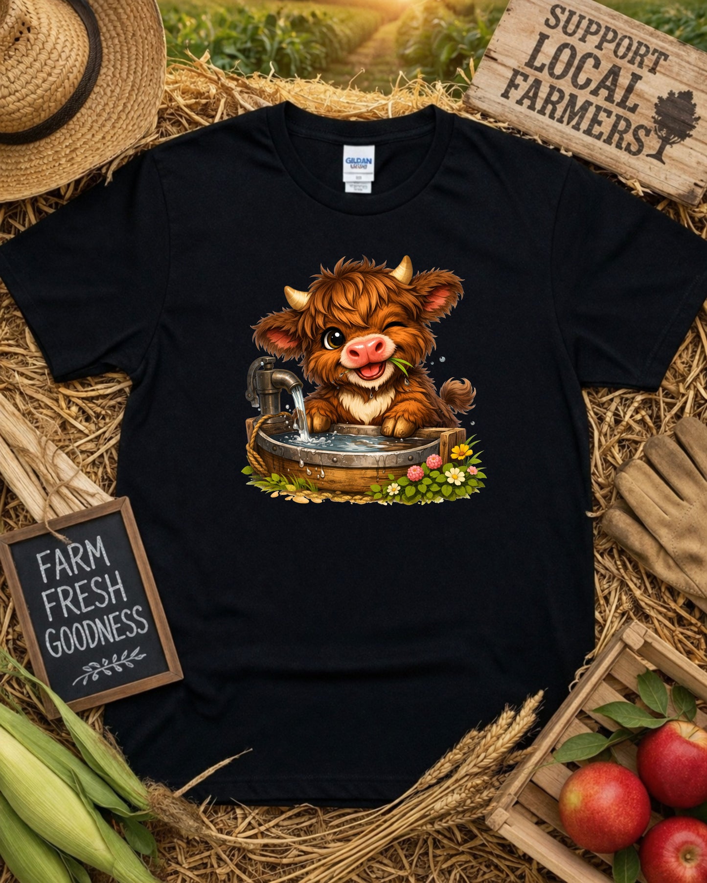 Cute Baby Highland Cow, Kawaii Farm Animal Illustration, Rustic Wash Tub Cow Art for Sublimation & Kids Decor