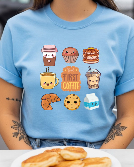 Kawaii Breakfast Coffee T‑Shirt PNG – Cute But First Coffee Graphic with Pancakes, Boba, Croissant & Smiling Café Characters for DTG & Sublimation
