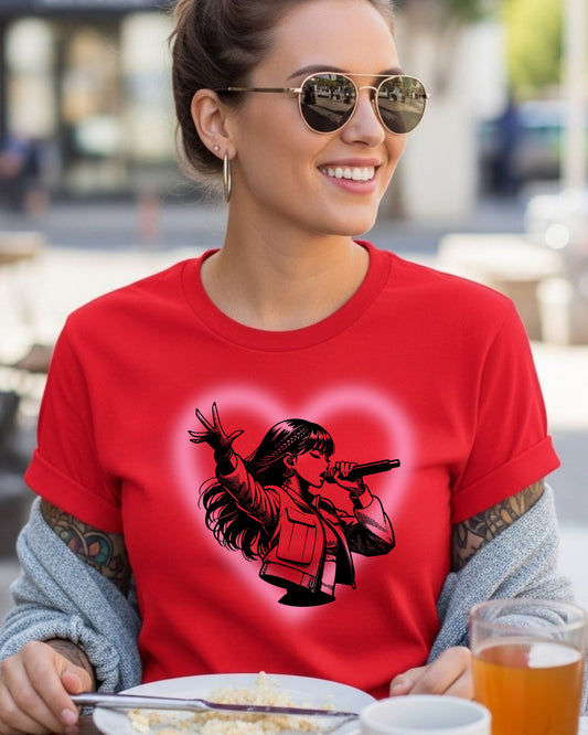 Singer Silhouette T‑Shirt – Pop Star Microphone Graphic with Pink Heart, Concert Music Lover Design