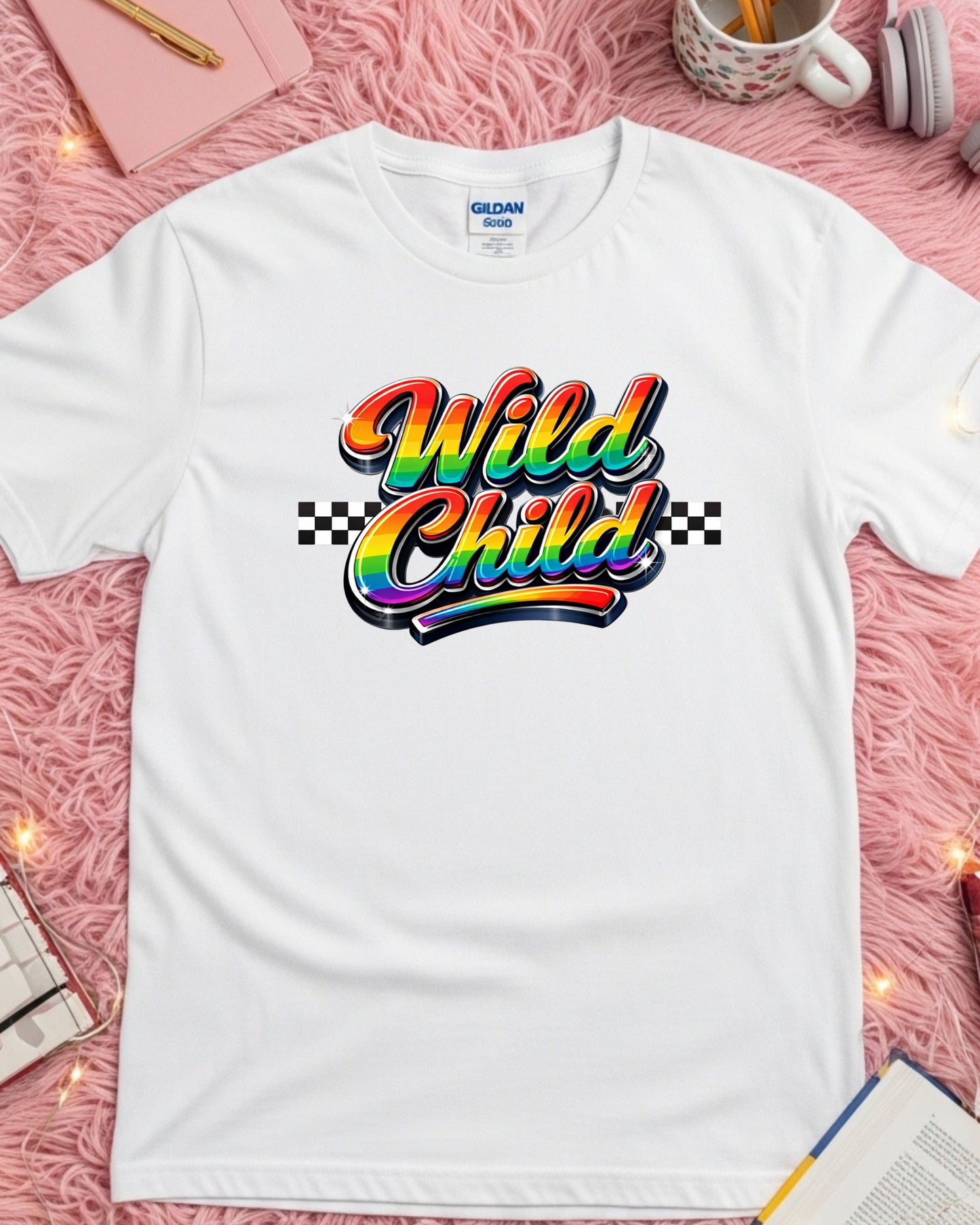 Wild Child Rainbow Typography T‑Shirt PNG – Glossy 3D Lettering with Checkered Pattern, Retro Y2K Aesthetic Graphic for DTG & Sublimation Shirts
