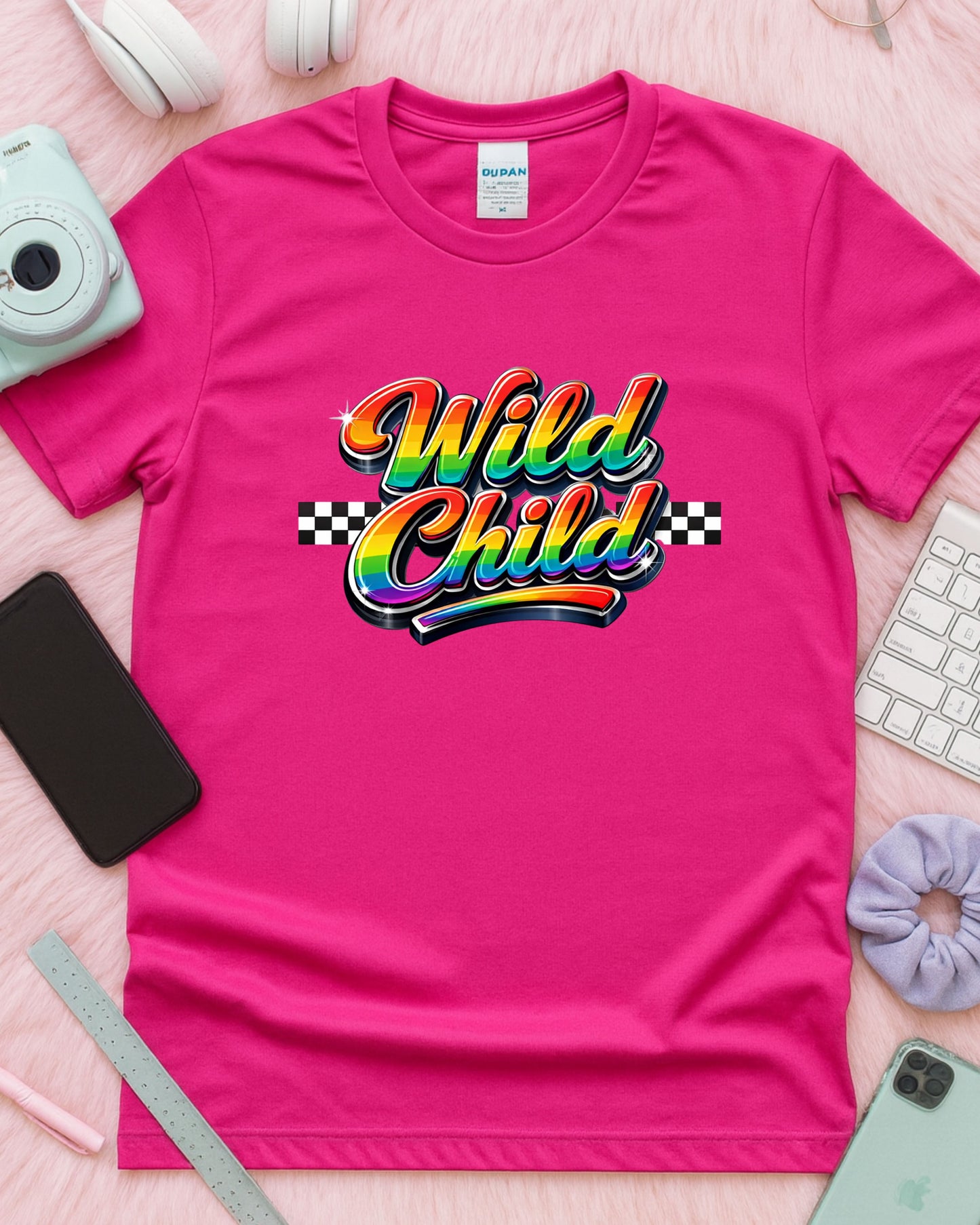 Wild Child Rainbow Typography T‑Shirt PNG – Glossy 3D Lettering with Checkered Pattern, Retro Y2K Aesthetic Graphic for DTG & Sublimation Shirts