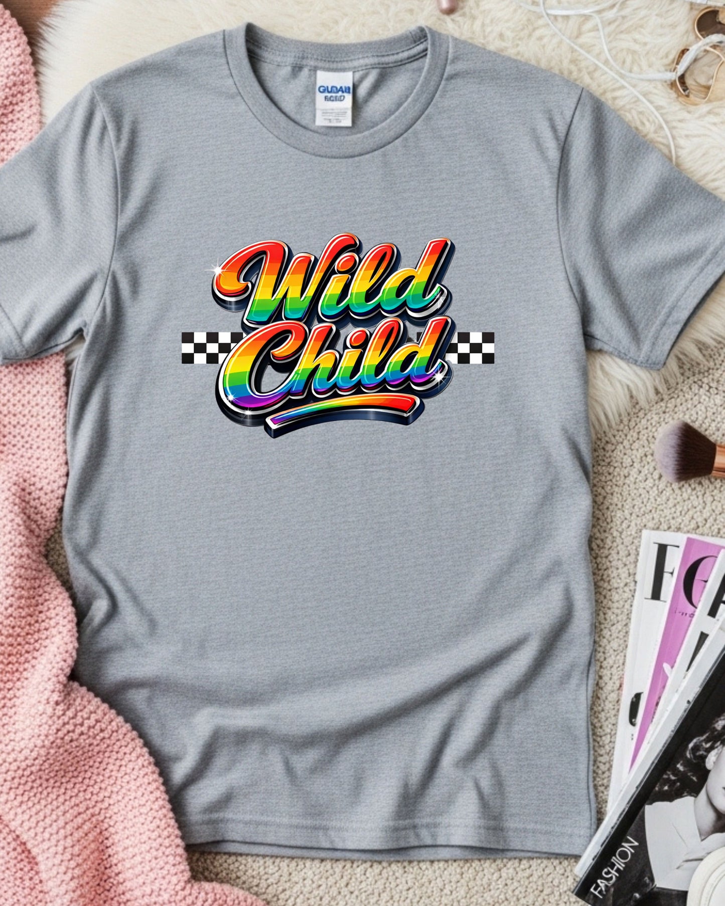 Wild Child Rainbow Typography T‑Shirt PNG – Glossy 3D Lettering with Checkered Pattern, Retro Y2K Aesthetic Graphic for DTG & Sublimation Shirts