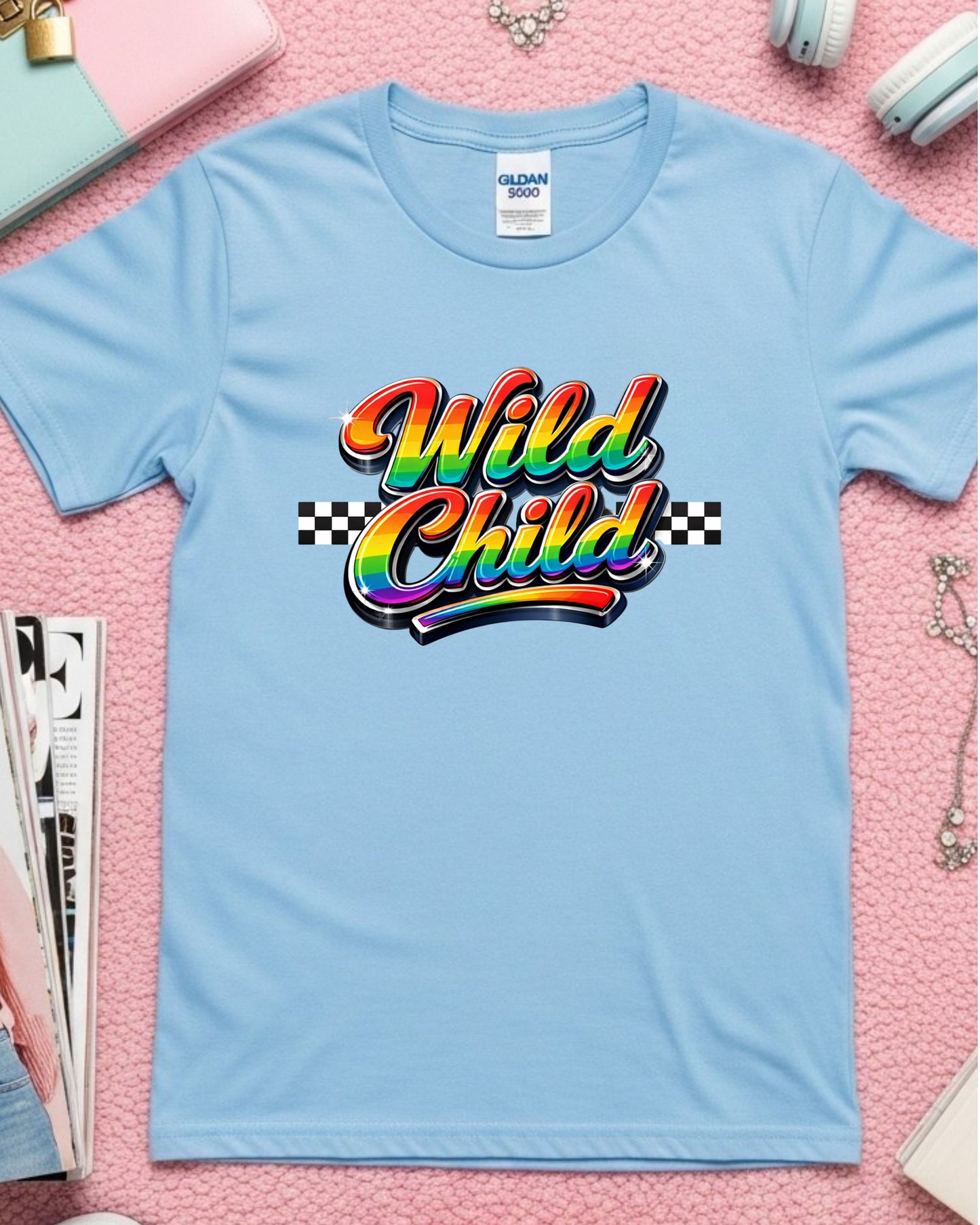 Wild Child Rainbow Typography T‑Shirt PNG – Glossy 3D Lettering with Checkered Pattern, Retro Y2K Aesthetic Graphic for DTG & Sublimation Shirts
