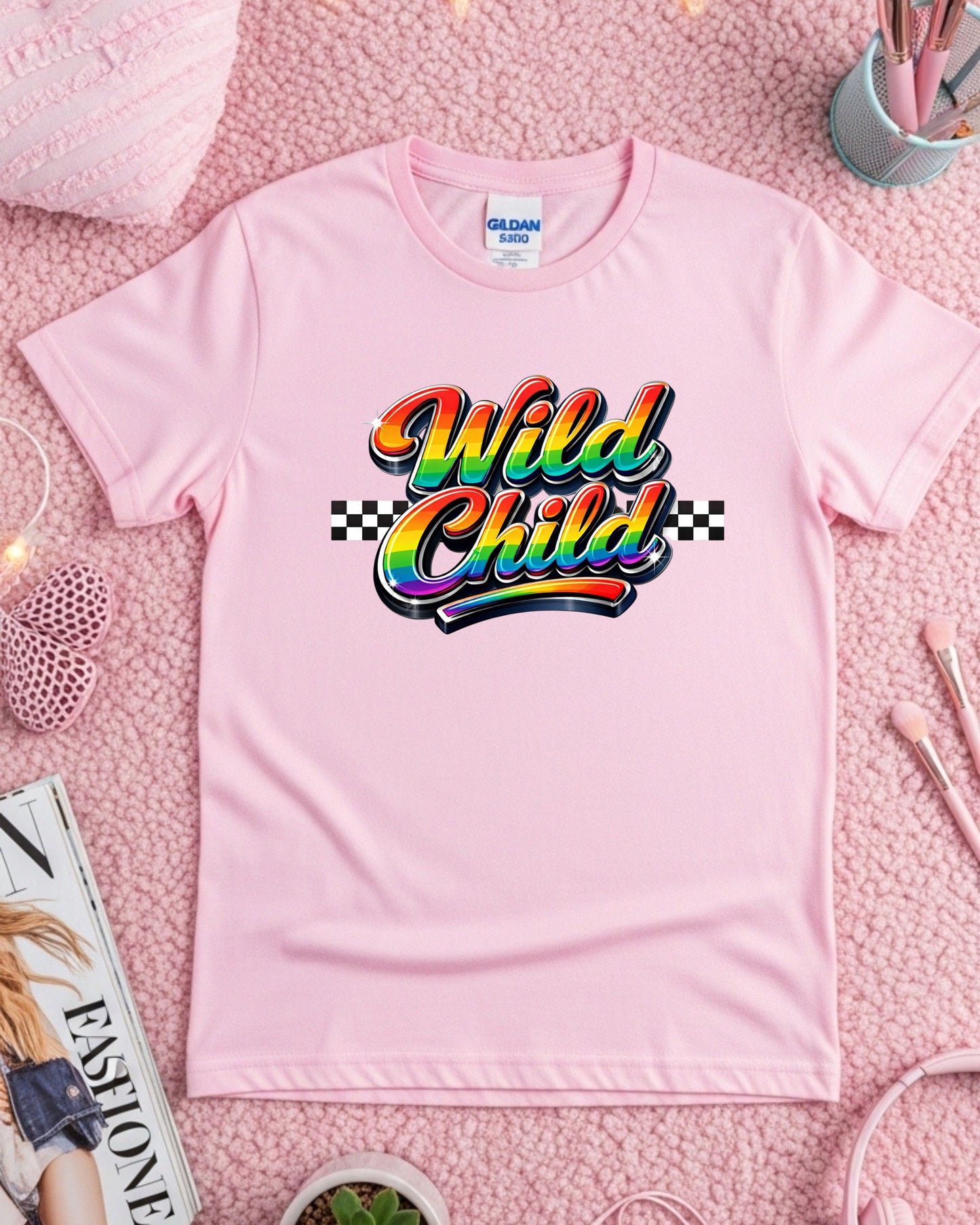 Wild Child Rainbow Typography T‑Shirt PNG – Glossy 3D Lettering with Checkered Pattern, Retro Y2K Aesthetic Graphic for DTG & Sublimation Shirts