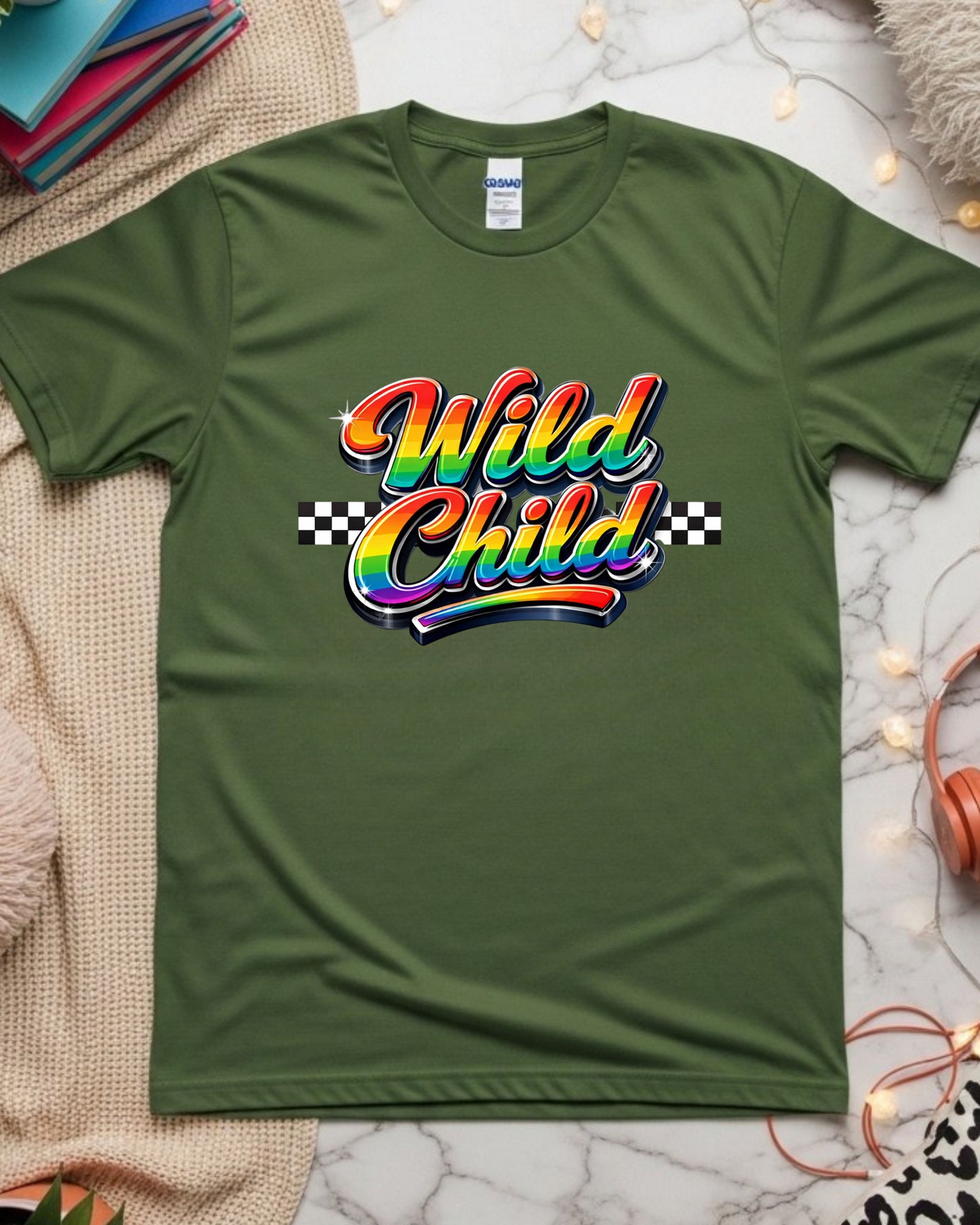 Wild Child Rainbow Typography T‑Shirt PNG – Glossy 3D Lettering with Checkered Pattern, Retro Y2K Aesthetic Graphic for DTG & Sublimation Shirts
