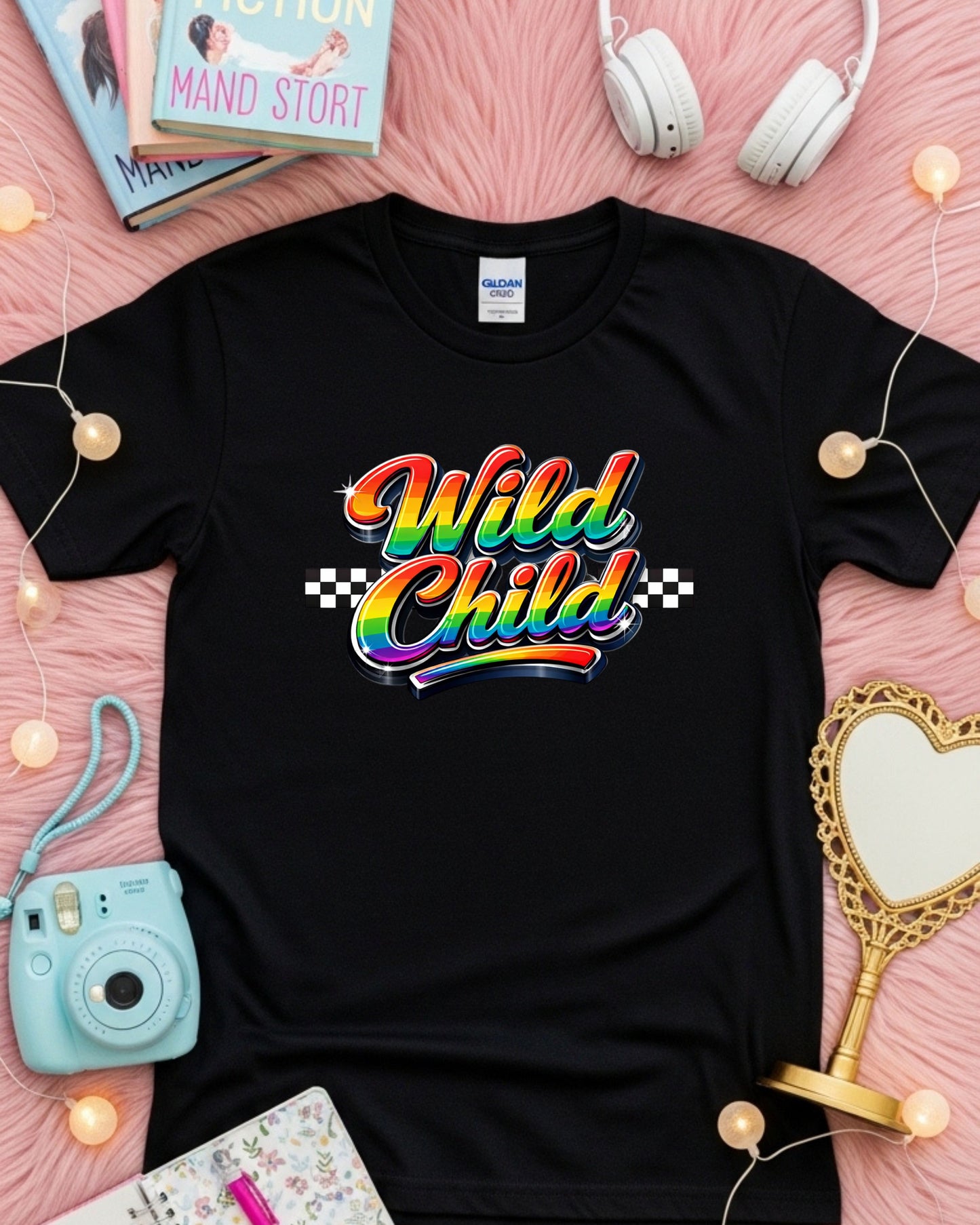 Wild Child Rainbow Typography T‑Shirt PNG – Glossy 3D Lettering with Checkered Pattern, Retro Y2K Aesthetic Graphic for DTG & Sublimation Shirts