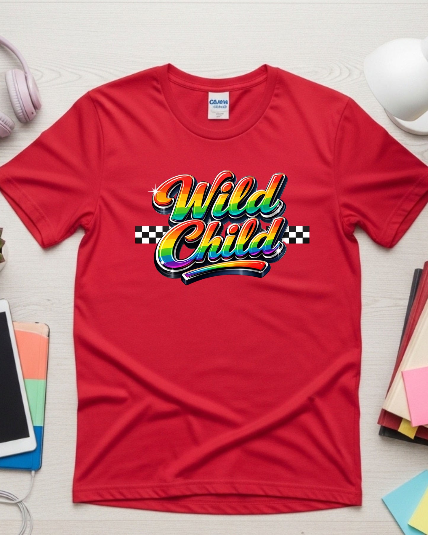 Wild Child Rainbow Typography T‑Shirt PNG – Glossy 3D Lettering with Checkered Pattern, Retro Y2K Aesthetic Graphic for DTG & Sublimation Shirts