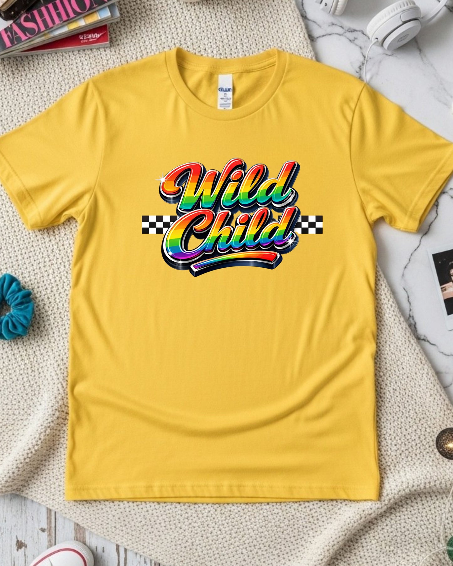 Wild Child Rainbow Typography T‑Shirt PNG – Glossy 3D Lettering with Checkered Pattern, Retro Y2K Aesthetic Graphic for DTG & Sublimation Shirts