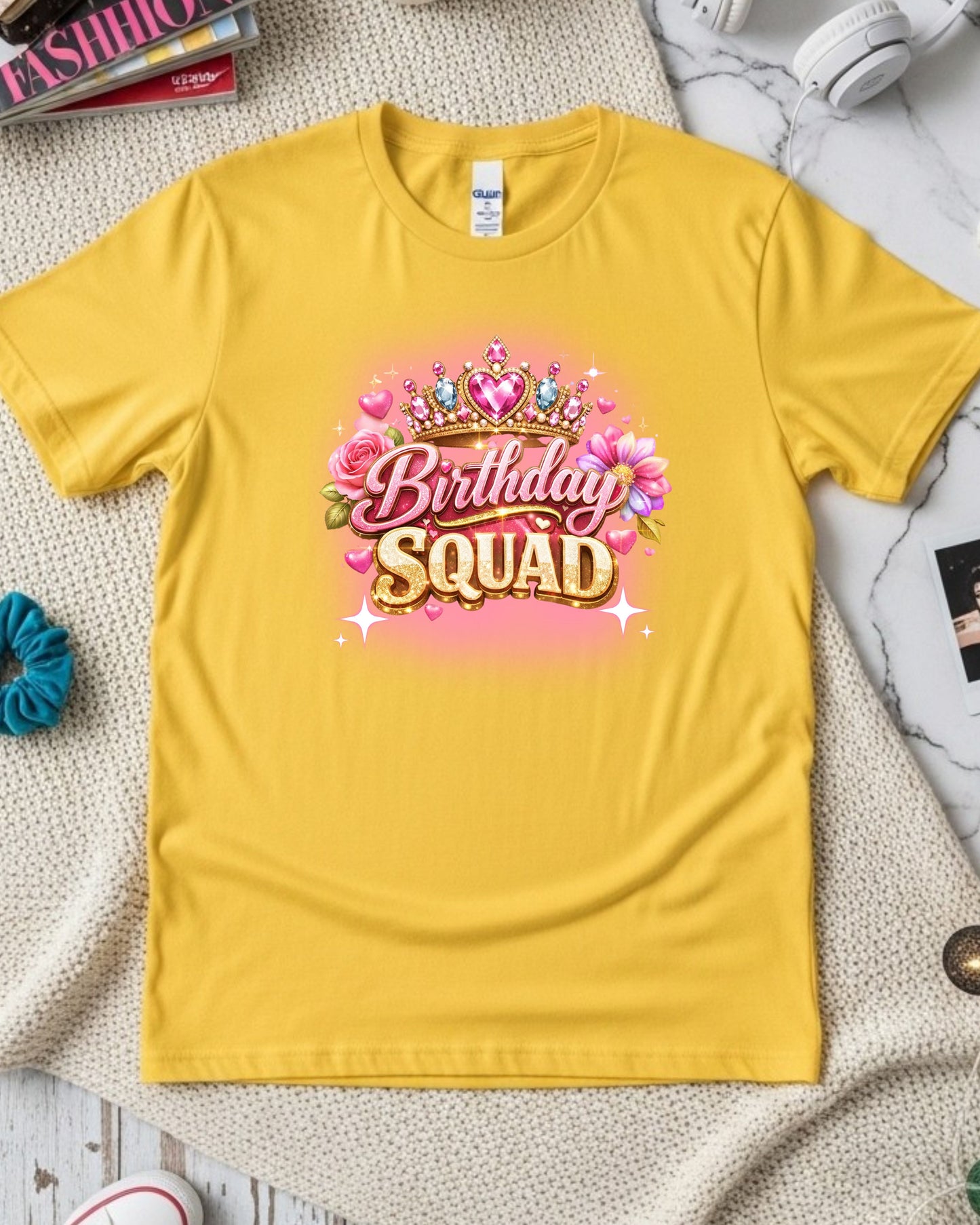 Birthday Squad Glitter Crown T‑Shirt – Pink & Gold Sparkle Typography with Roses, Glam Birthday Party Graphic