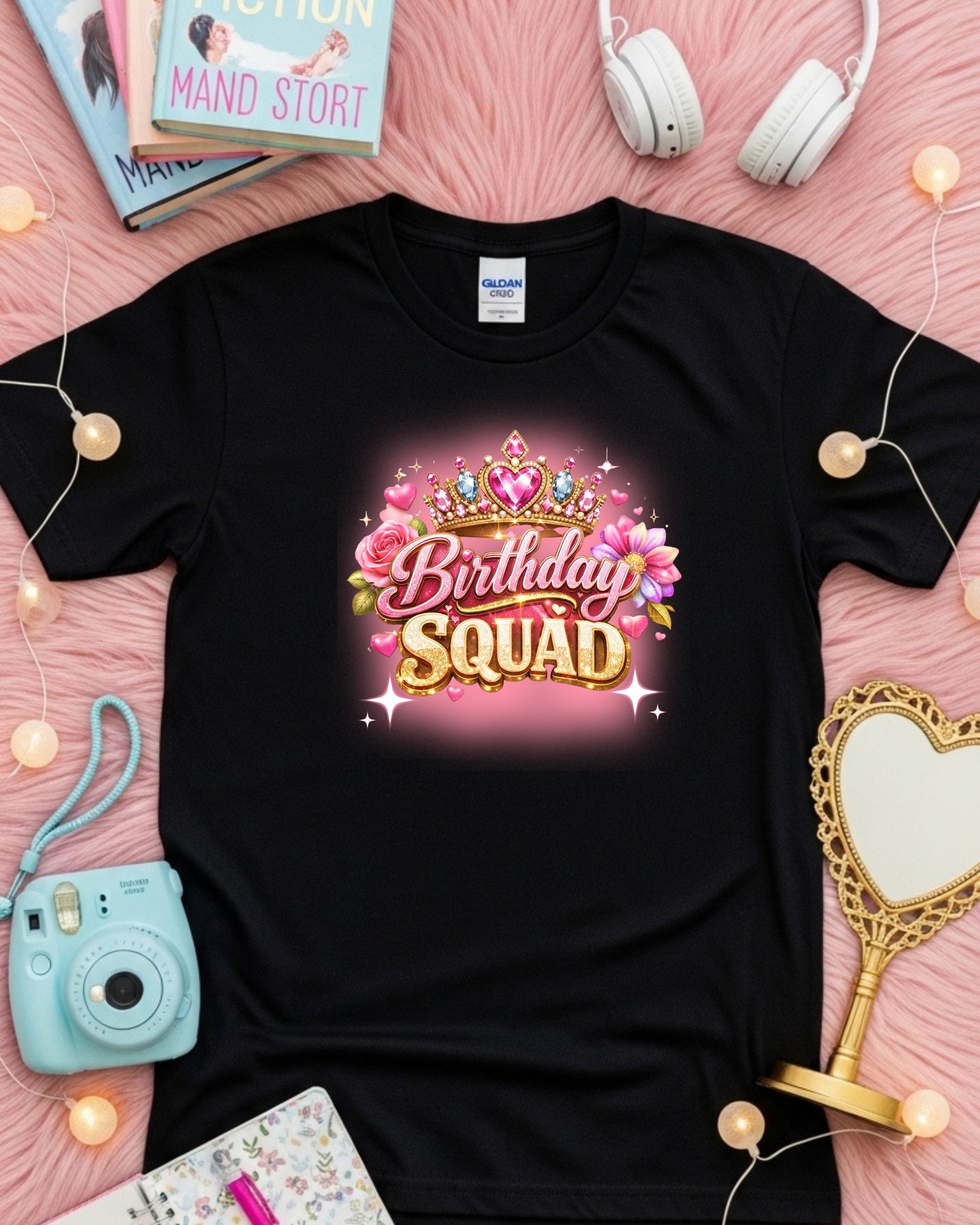 Birthday Squad Glitter Crown T‑Shirt – Pink & Gold Sparkle Typography with Roses, Glam Birthday Party Graphic