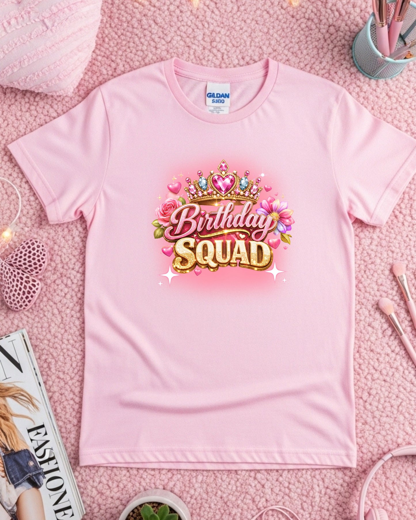 Birthday Squad Glitter Crown T‑Shirt – Pink & Gold Sparkle Typography with Roses, Glam Birthday Party Graphic