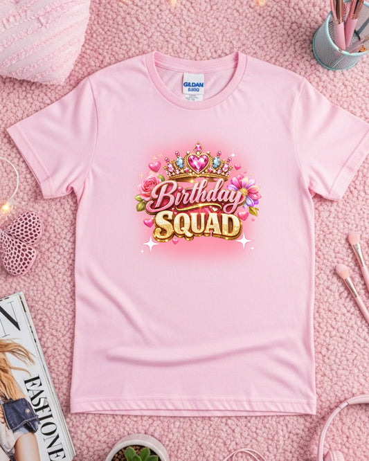 Birthday Squad Glitter Crown T‑Shirt – Pink & Gold Sparkle Typography with Roses, Glam Birthday Party Graphic