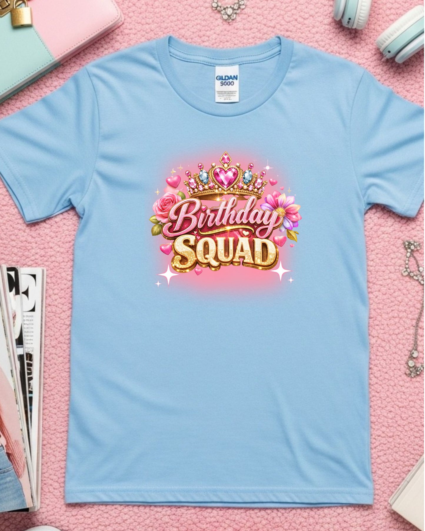 Birthday Squad Glitter Crown T‑Shirt – Pink & Gold Sparkle Typography with Roses, Glam Birthday Party Graphic