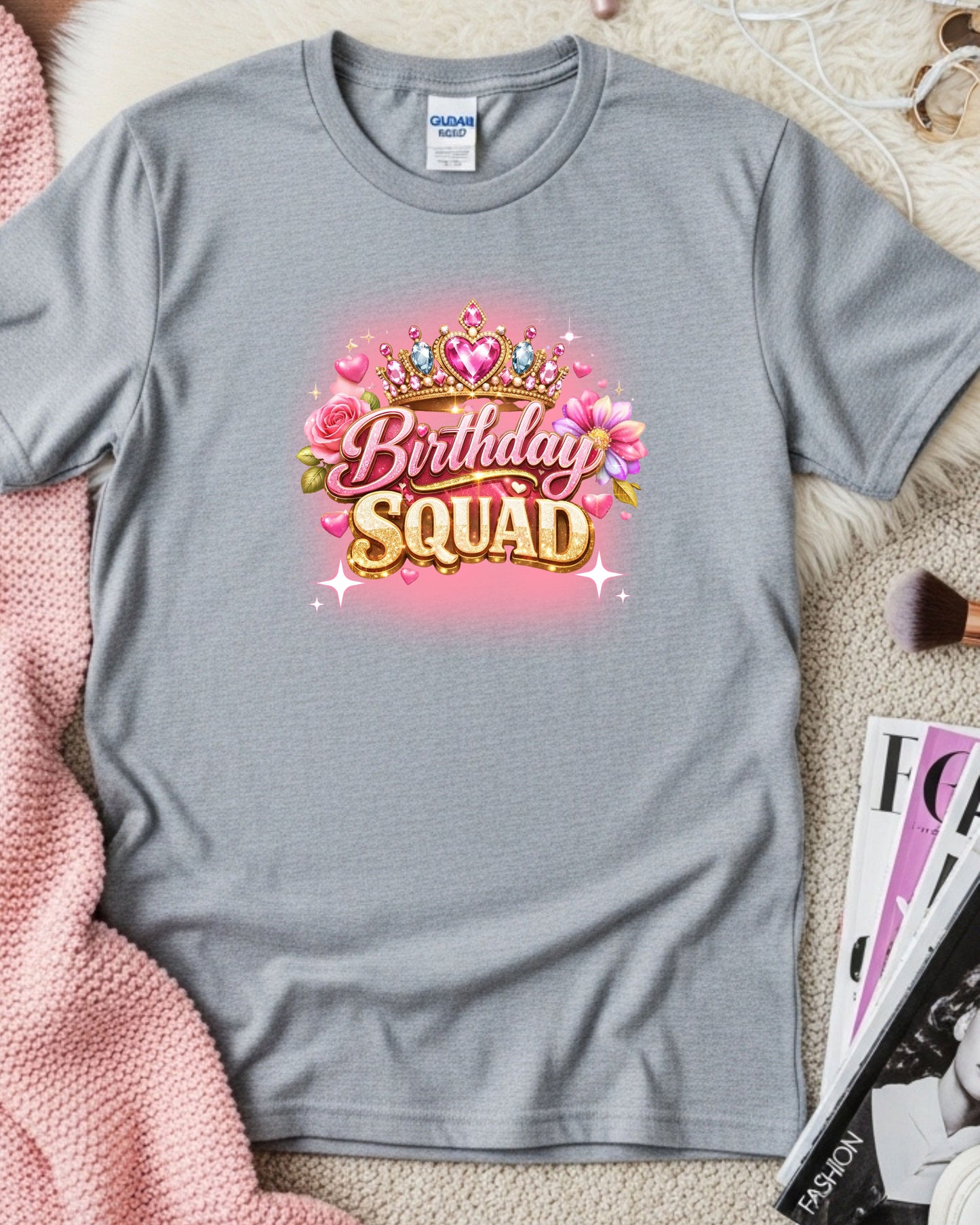 Birthday Squad Glitter Crown T‑Shirt – Pink & Gold Sparkle Typography with Roses, Glam Birthday Party Graphic