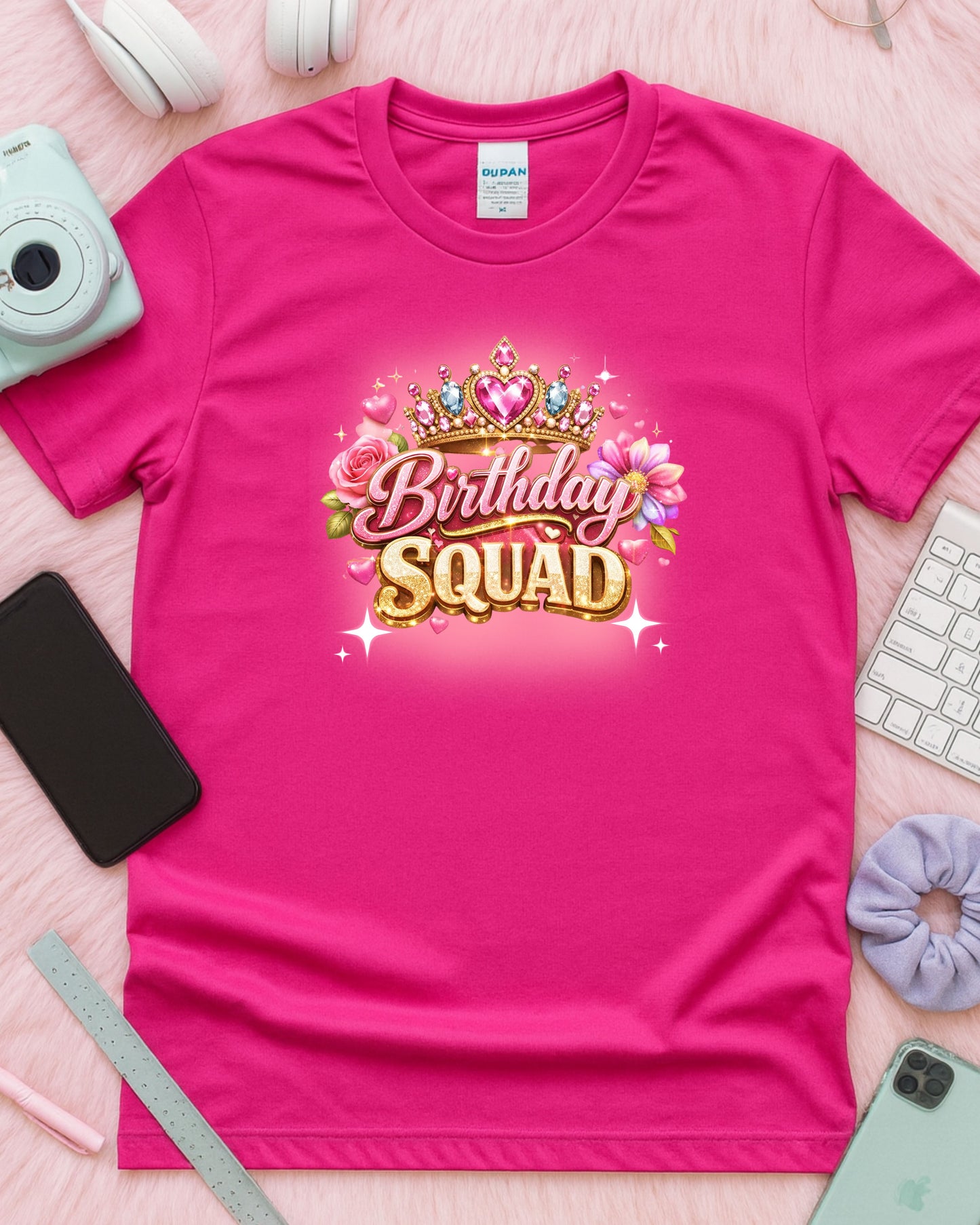 Birthday Squad Glitter Crown T‑Shirt – Pink & Gold Sparkle Typography with Roses, Glam Birthday Party Graphic