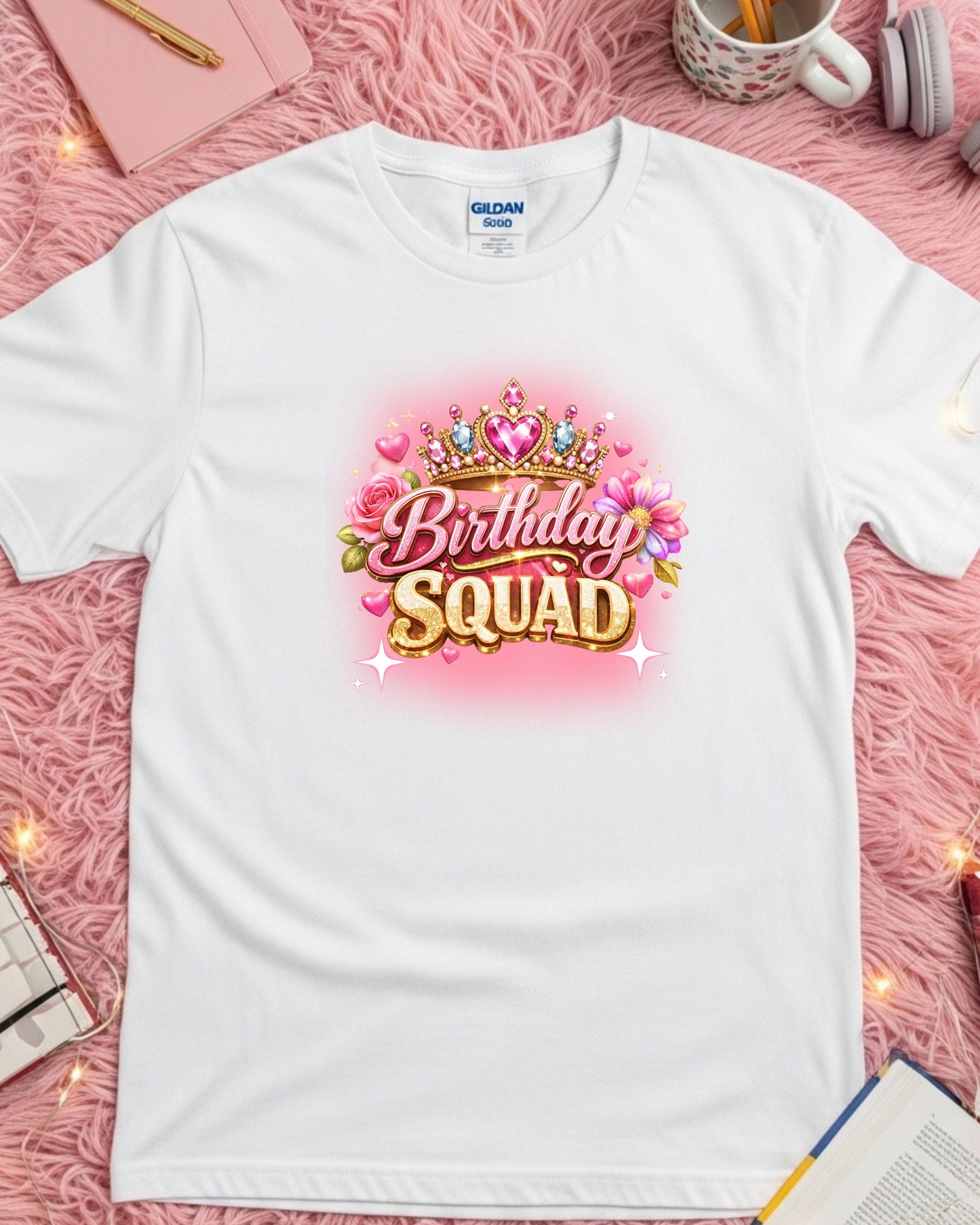 Birthday Squad Glitter Crown T‑Shirt – Pink & Gold Sparkle Typography with Roses, Glam Birthday Party Graphic