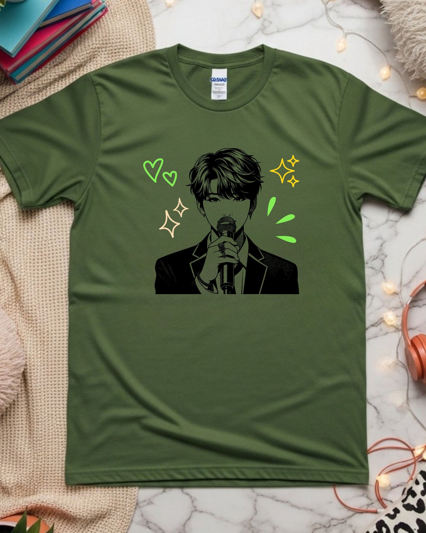 Singer Mic Line Art T‑Shirt – Stylish Performer Illustration with Hearts & Sparkles, Music Lover Concert Graphic