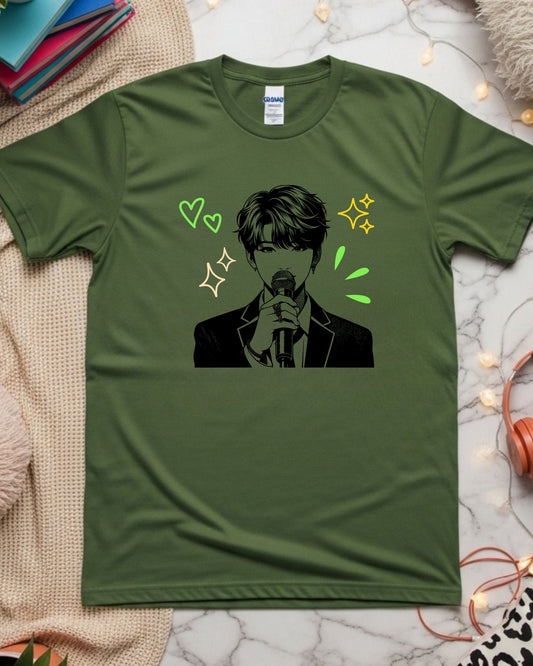Singer Mic Line Art T‑Shirt – Stylish Performer Illustration with Hearts & Sparkles, Music Lover Concert Graphic