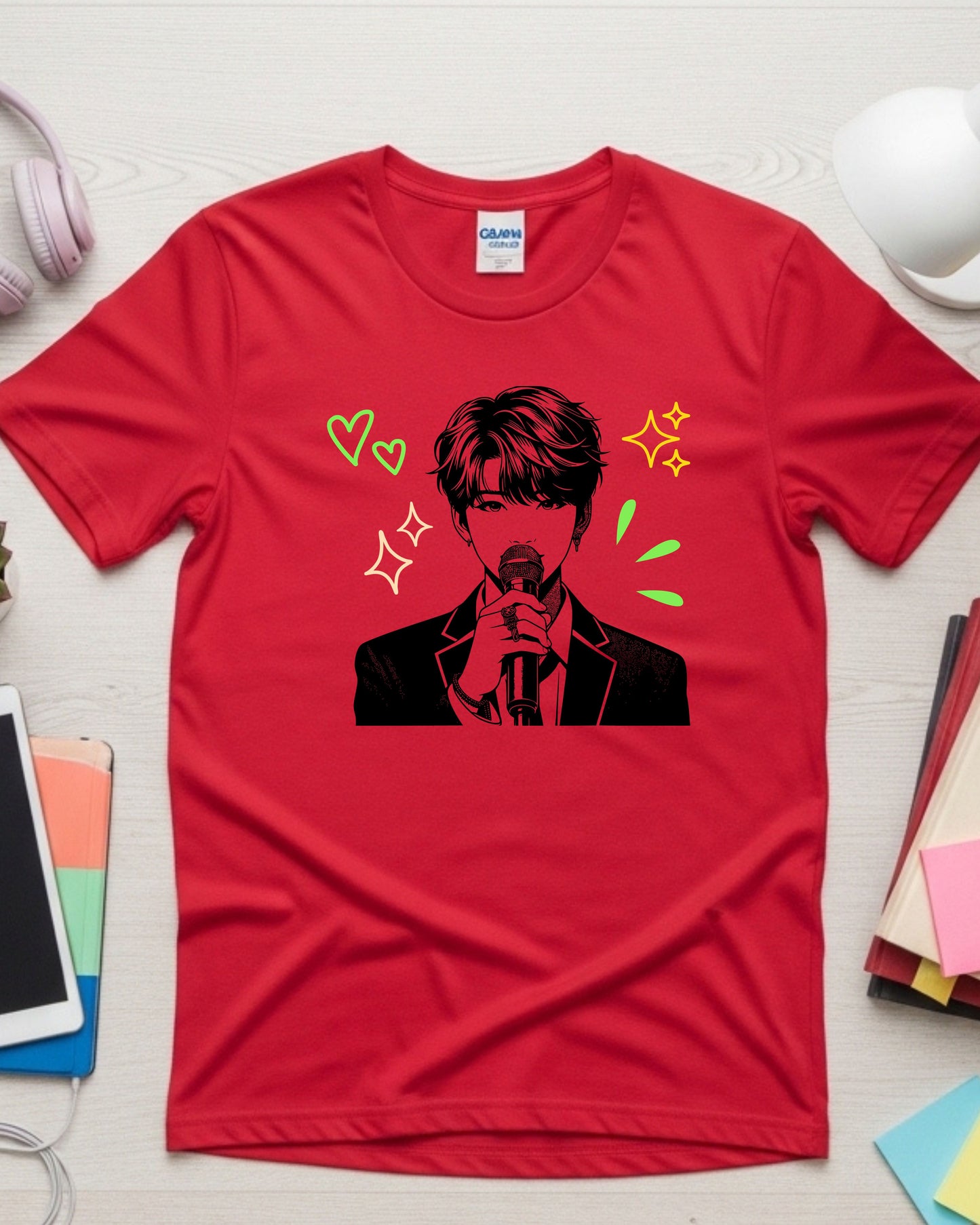 Singer Mic Line Art T‑Shirt – Stylish Performer Illustration with Hearts & Sparkles, Music Lover Concert Graphic
