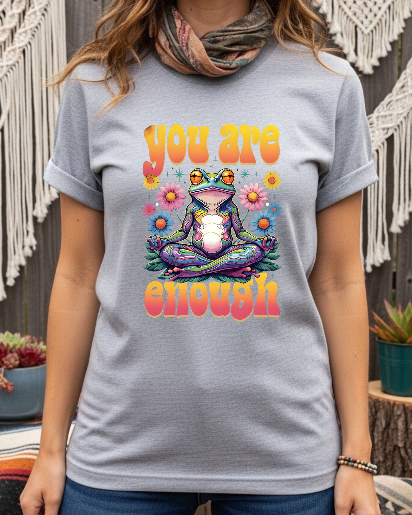 You Are Enough Frog T‑Shirt – Psychedelic Rainbow Meditation Frog Graphic, Positive Affirmation Boho Hippie Design