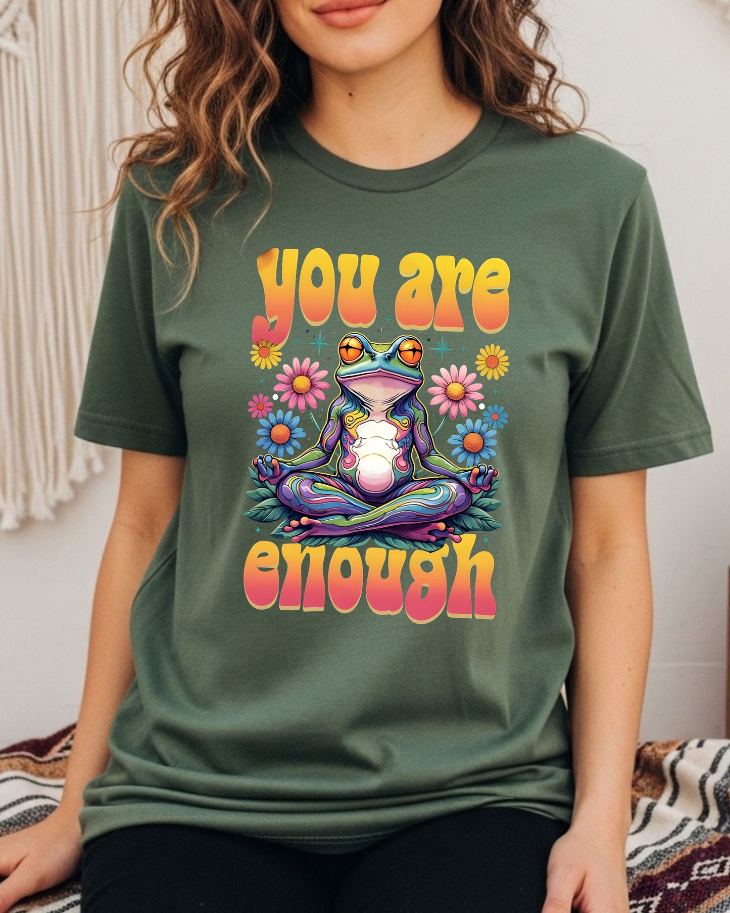 You Are Enough Frog T‑Shirt – Psychedelic Rainbow Meditation Frog Graphic, Positive Affirmation Boho Hippie Design