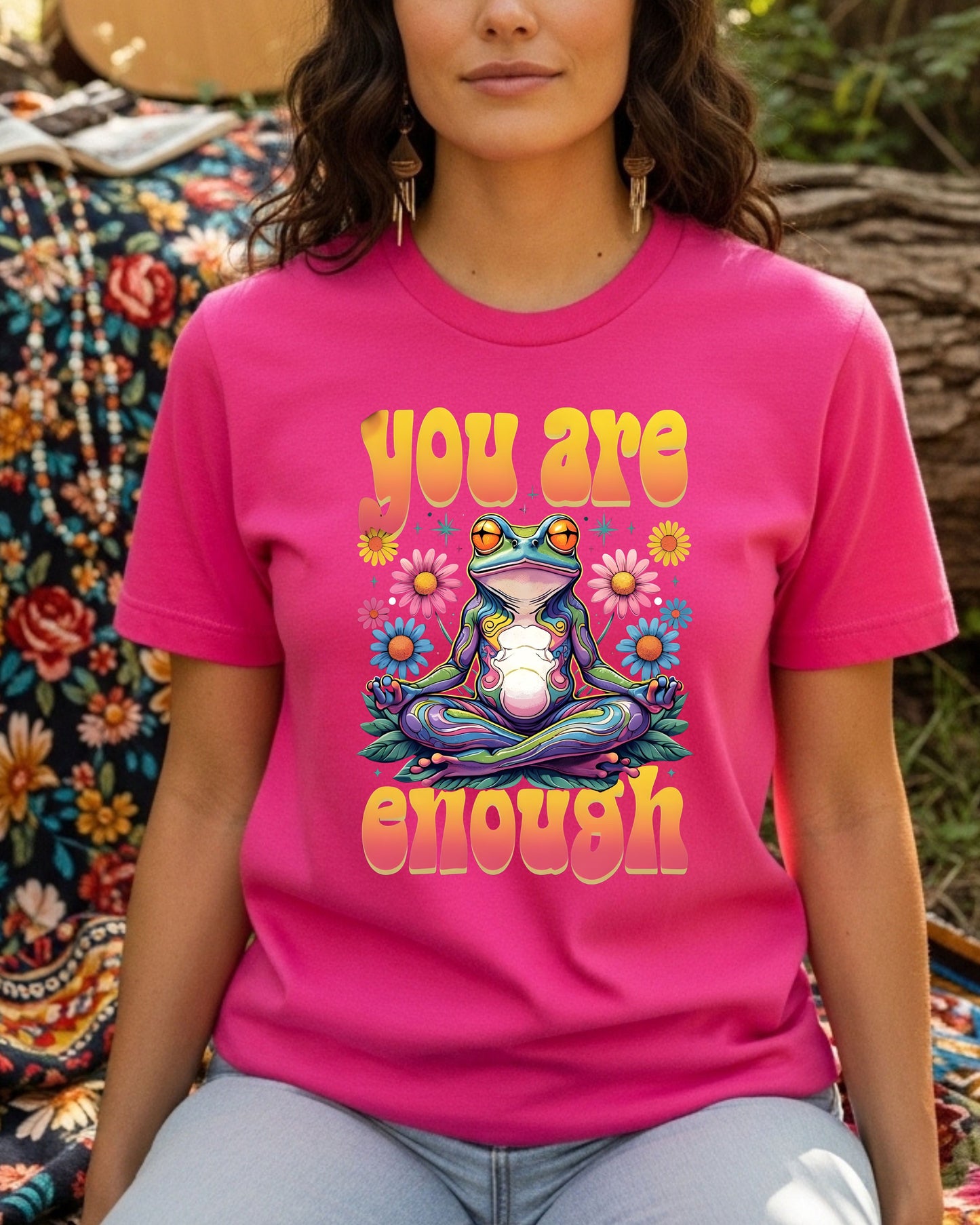 You Are Enough Frog T‑Shirt – Psychedelic Rainbow Meditation Frog Graphic, Positive Affirmation Boho Hippie Design