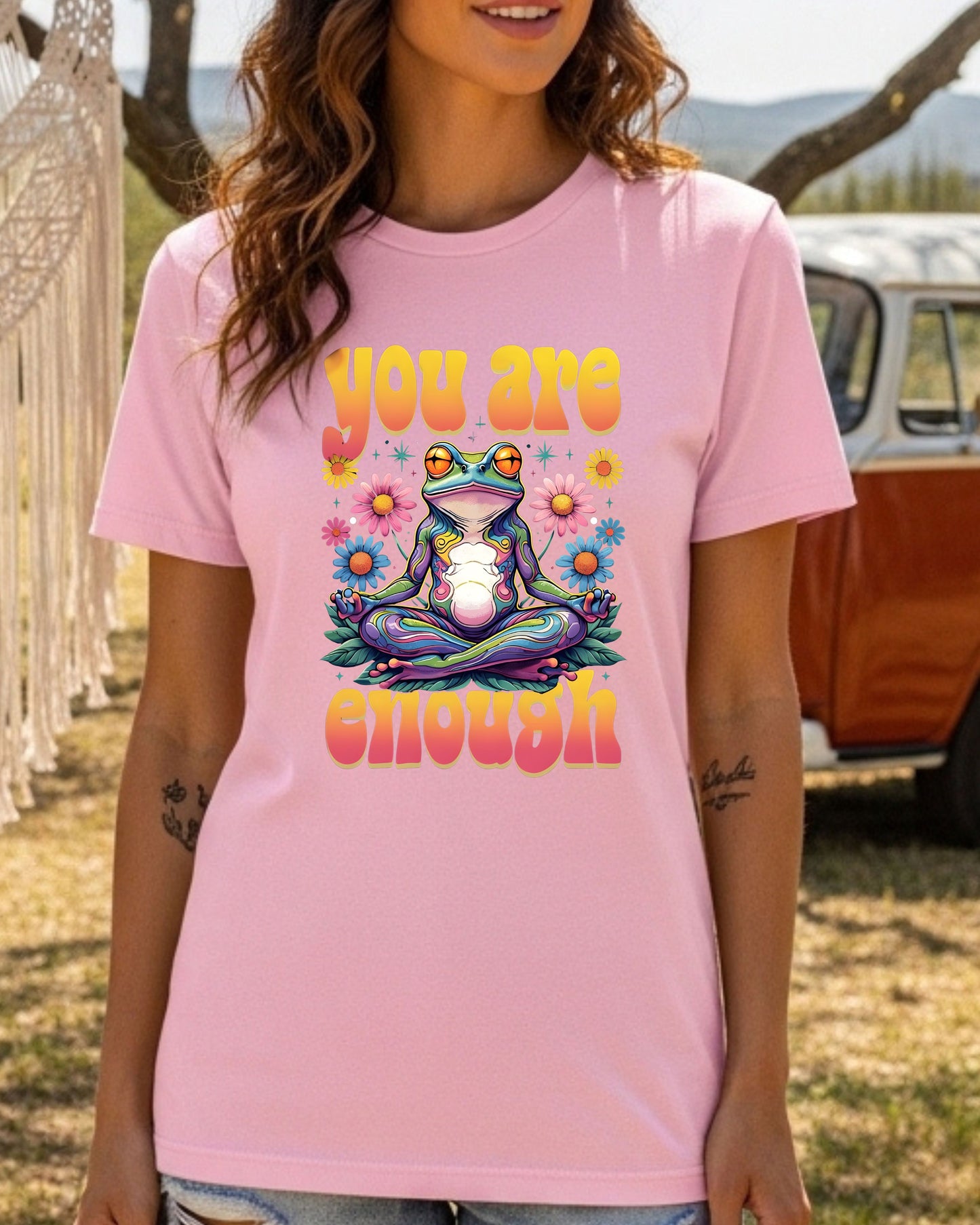 You Are Enough Frog T‑Shirt – Psychedelic Rainbow Meditation Frog Graphic, Positive Affirmation Boho Hippie Design