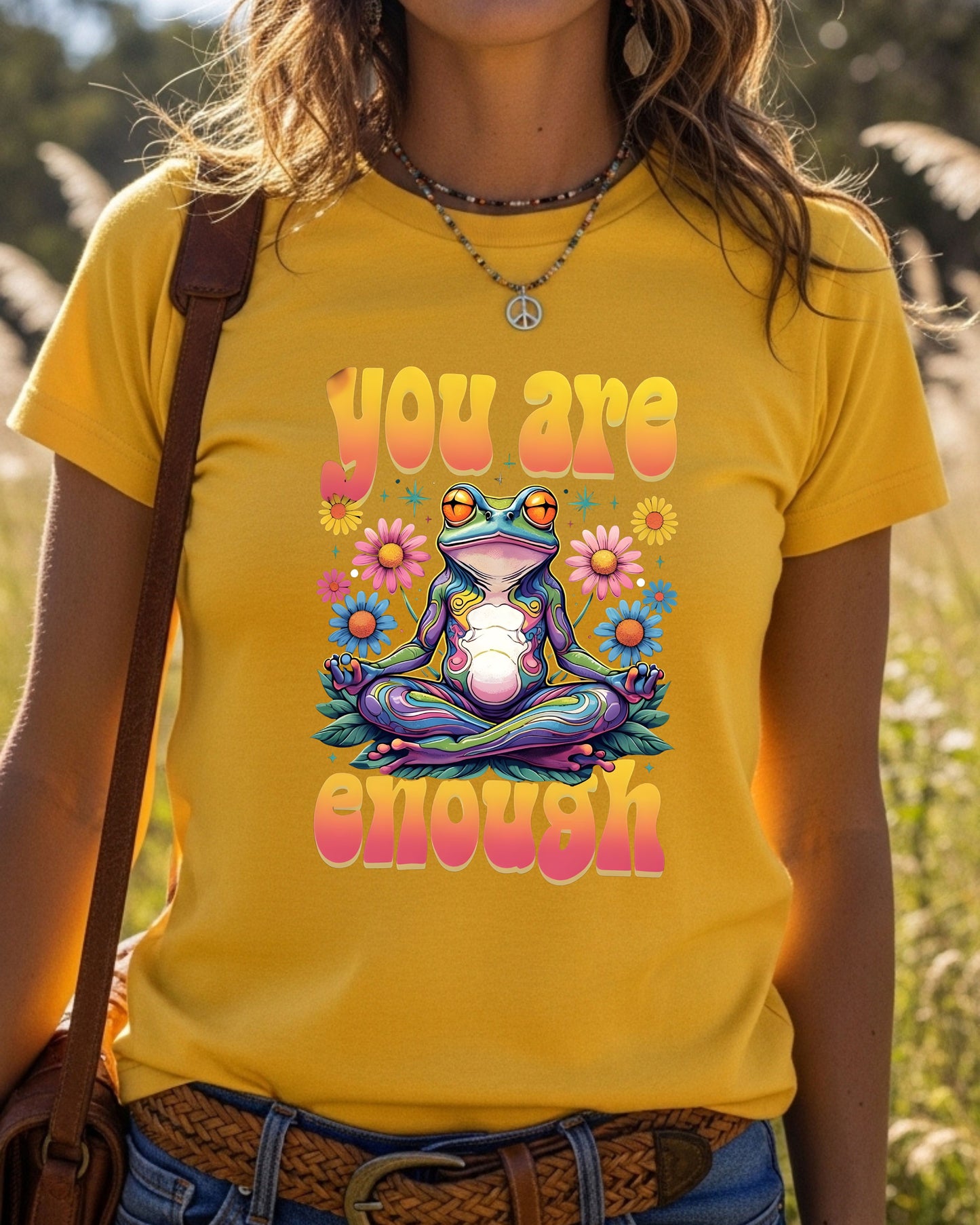 You Are Enough Frog T‑Shirt – Psychedelic Rainbow Meditation Frog Graphic, Positive Affirmation Boho Hippie Design