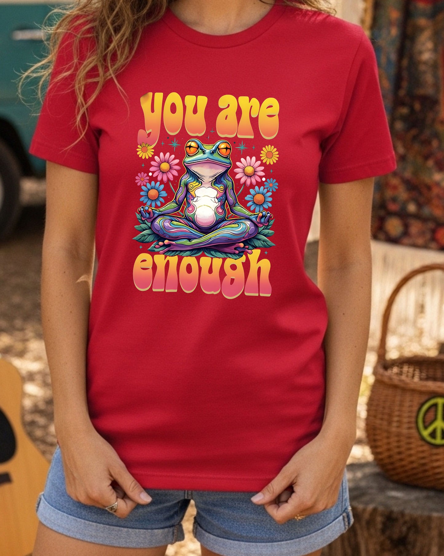 You Are Enough Frog T‑Shirt – Psychedelic Rainbow Meditation Frog Graphic, Positive Affirmation Boho Hippie Design