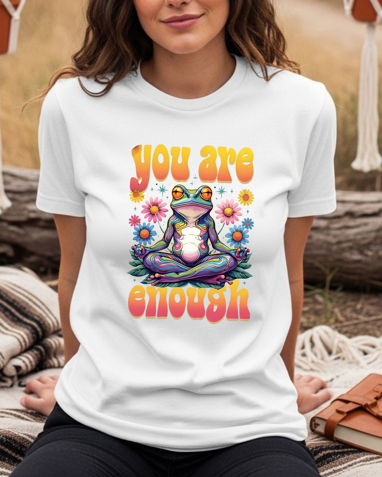 You Are Enough Frog T‑Shirt – Psychedelic Rainbow Meditation Frog Graphic, Positive Affirmation Boho Hippie Design