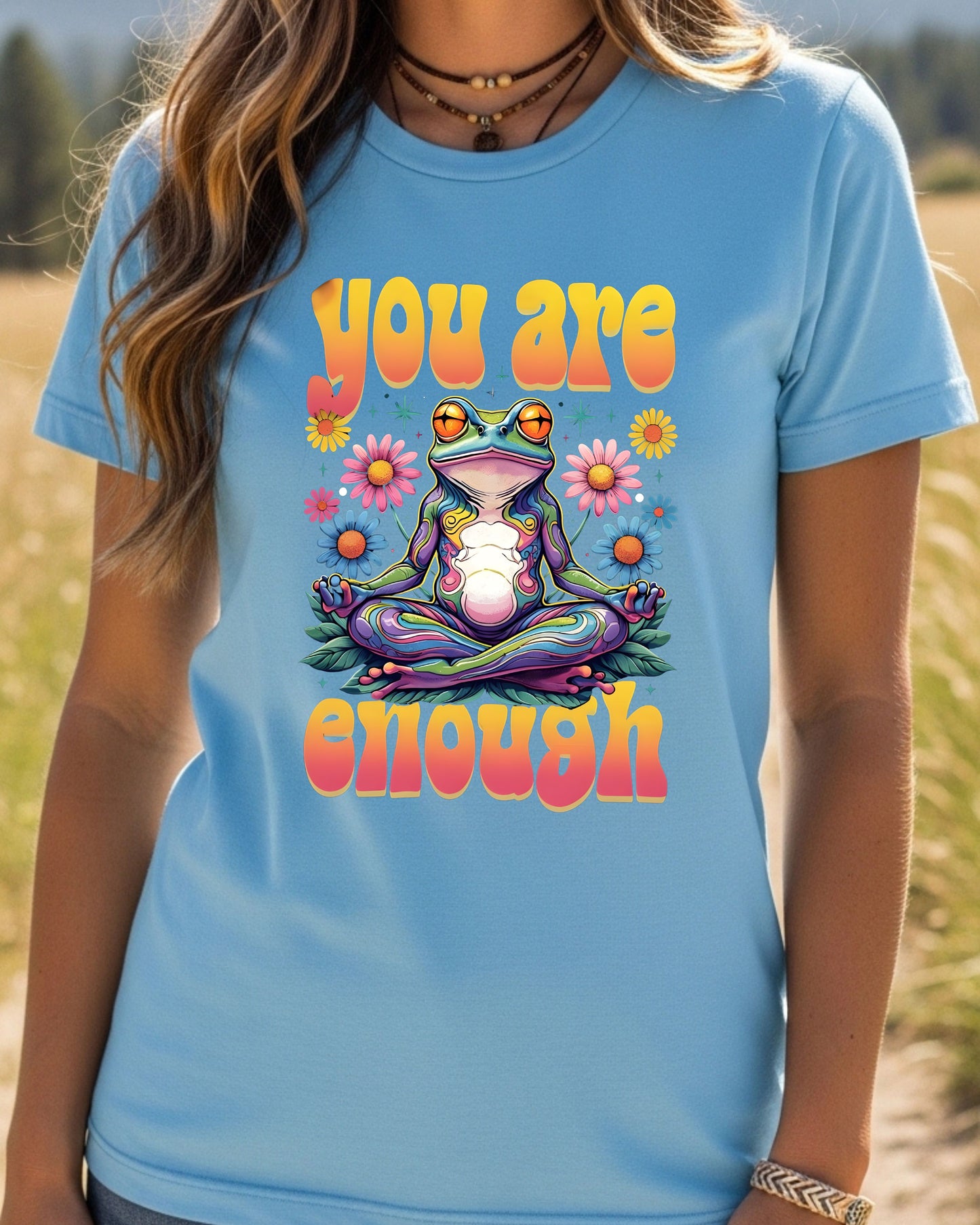 You Are Enough Frog T‑Shirt – Psychedelic Rainbow Meditation Frog Graphic, Positive Affirmation Boho Hippie Design