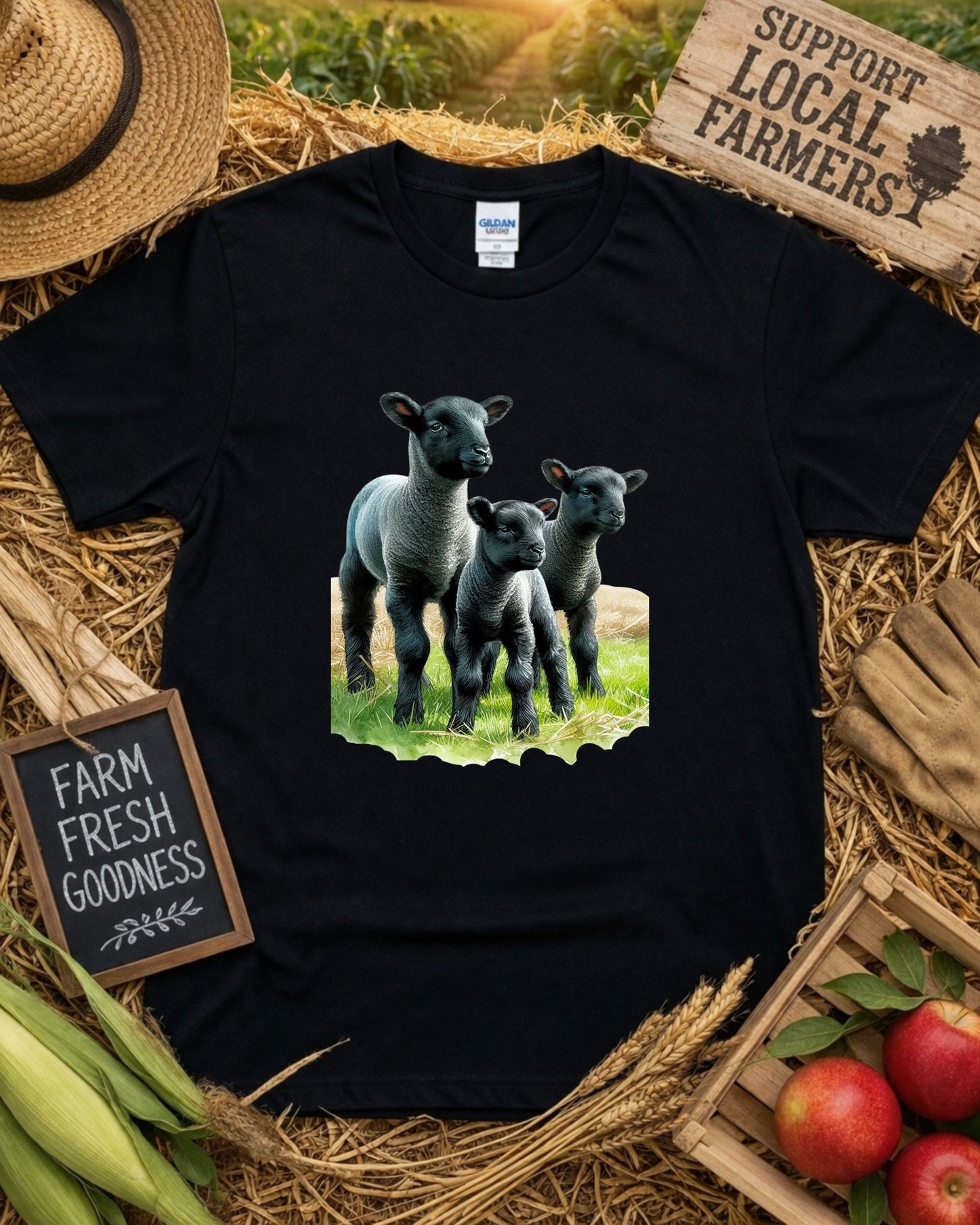 Black Lamb Trio T‑Shirt – Cute Farm Lambs Graphic, Rustic Countryside Animal Design