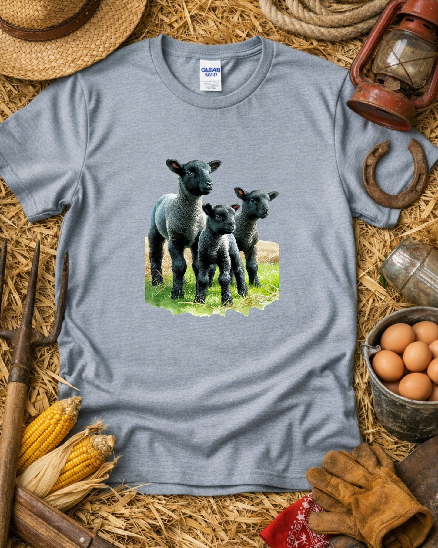 Black Lamb Trio T‑Shirt – Cute Farm Lambs Graphic, Rustic Countryside Animal Design