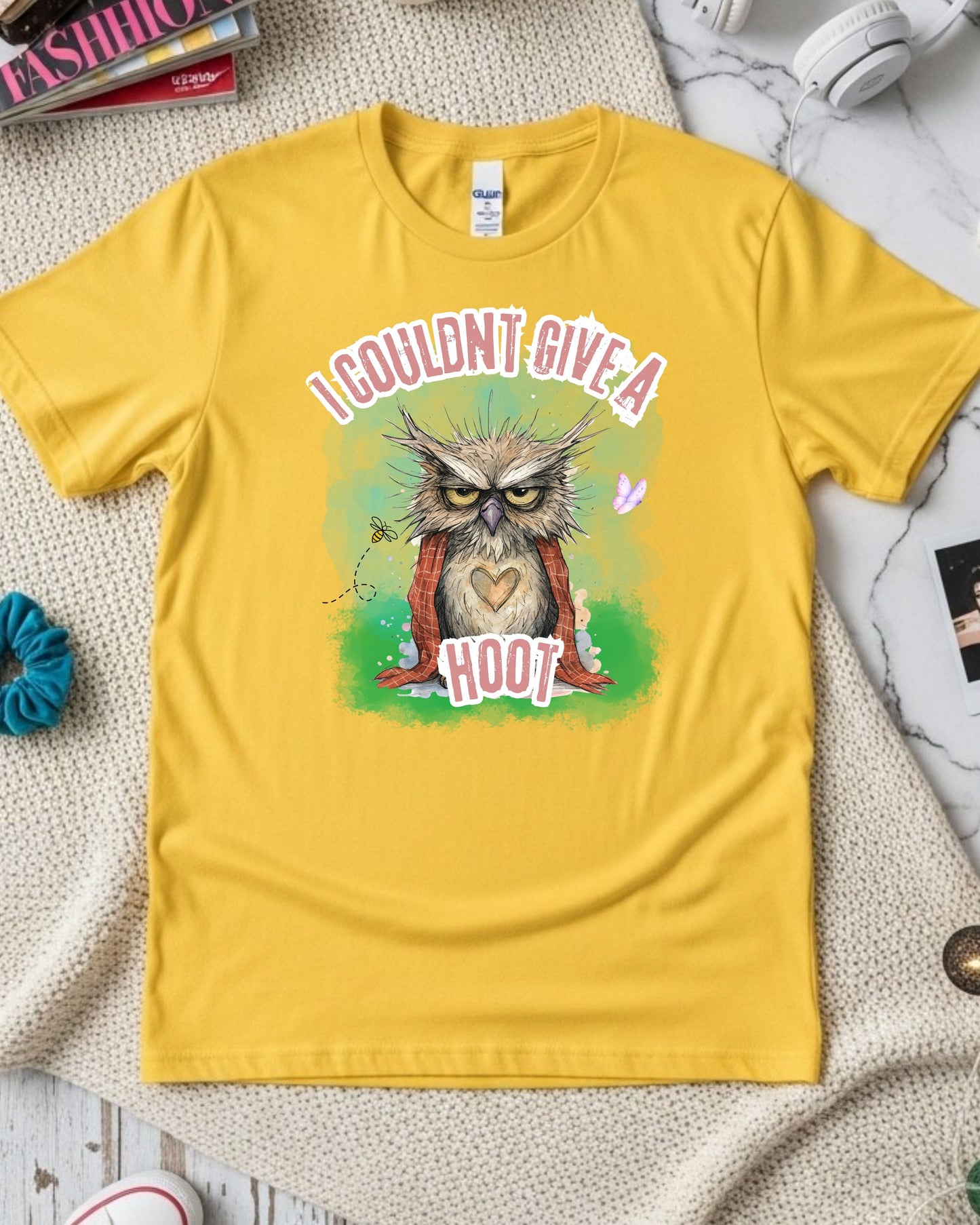I Couldn’t Give a Hoot T‑Shirt – Grumpy Owl Graphic with Blanket, Cute Woodland Sarcasm Design