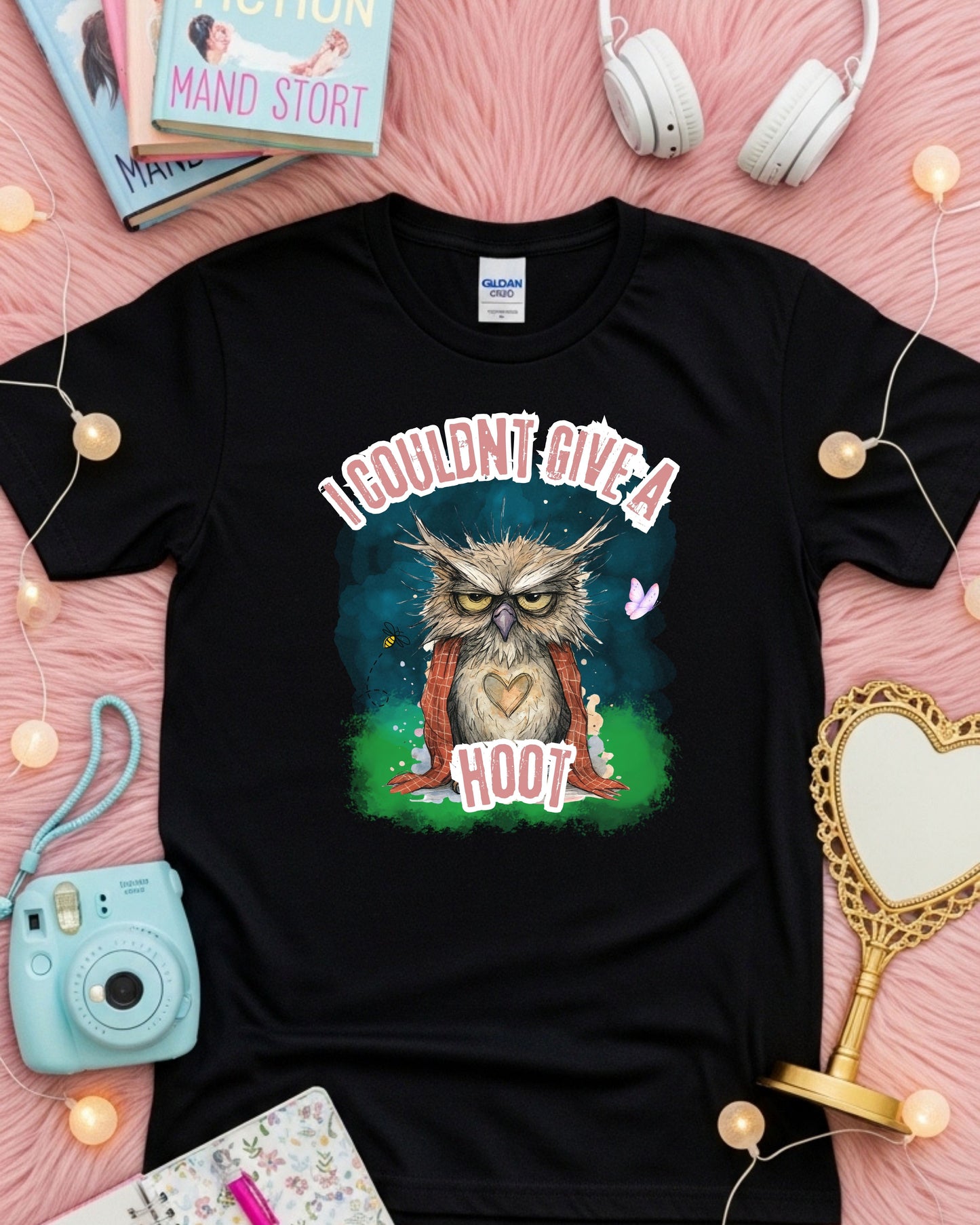 I Couldn’t Give a Hoot T‑Shirt – Grumpy Owl Graphic with Blanket, Cute Woodland Sarcasm Design