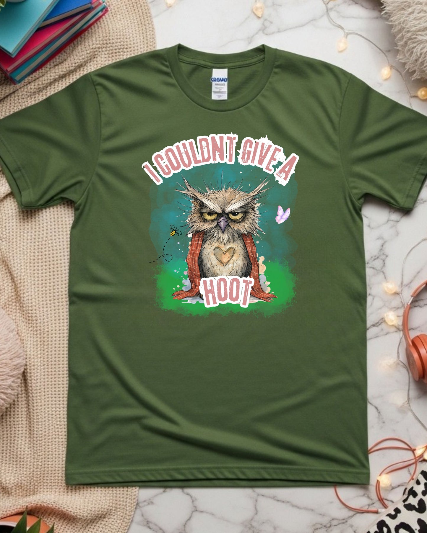I Couldn’t Give a Hoot T‑Shirt – Grumpy Owl Graphic with Blanket, Cute Woodland Sarcasm Design