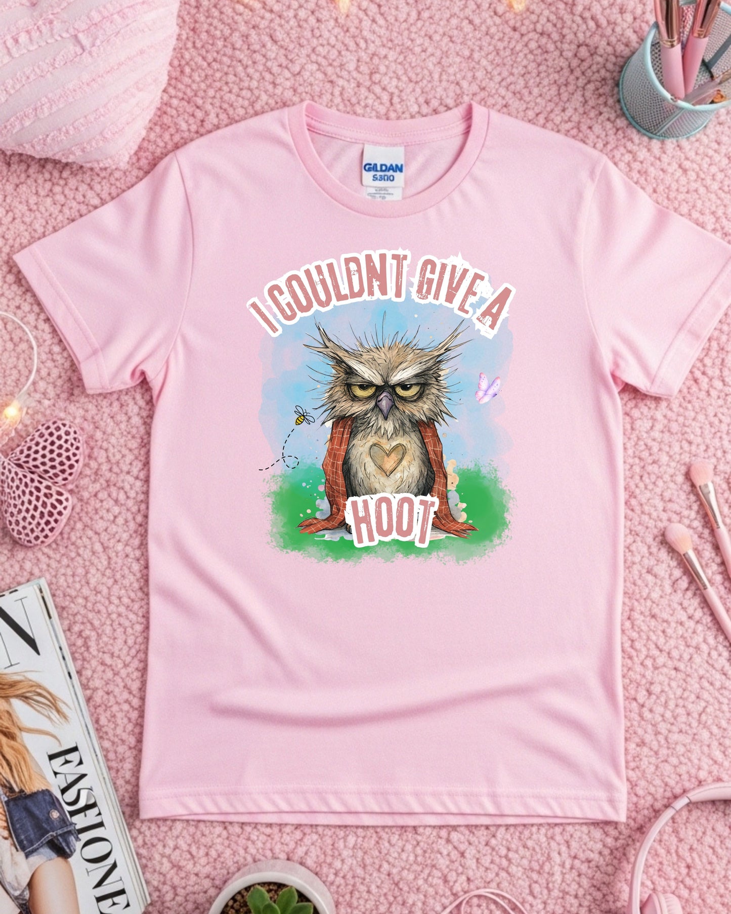 I Couldn’t Give a Hoot T‑Shirt – Grumpy Owl Graphic with Blanket, Cute Woodland Sarcasm Design