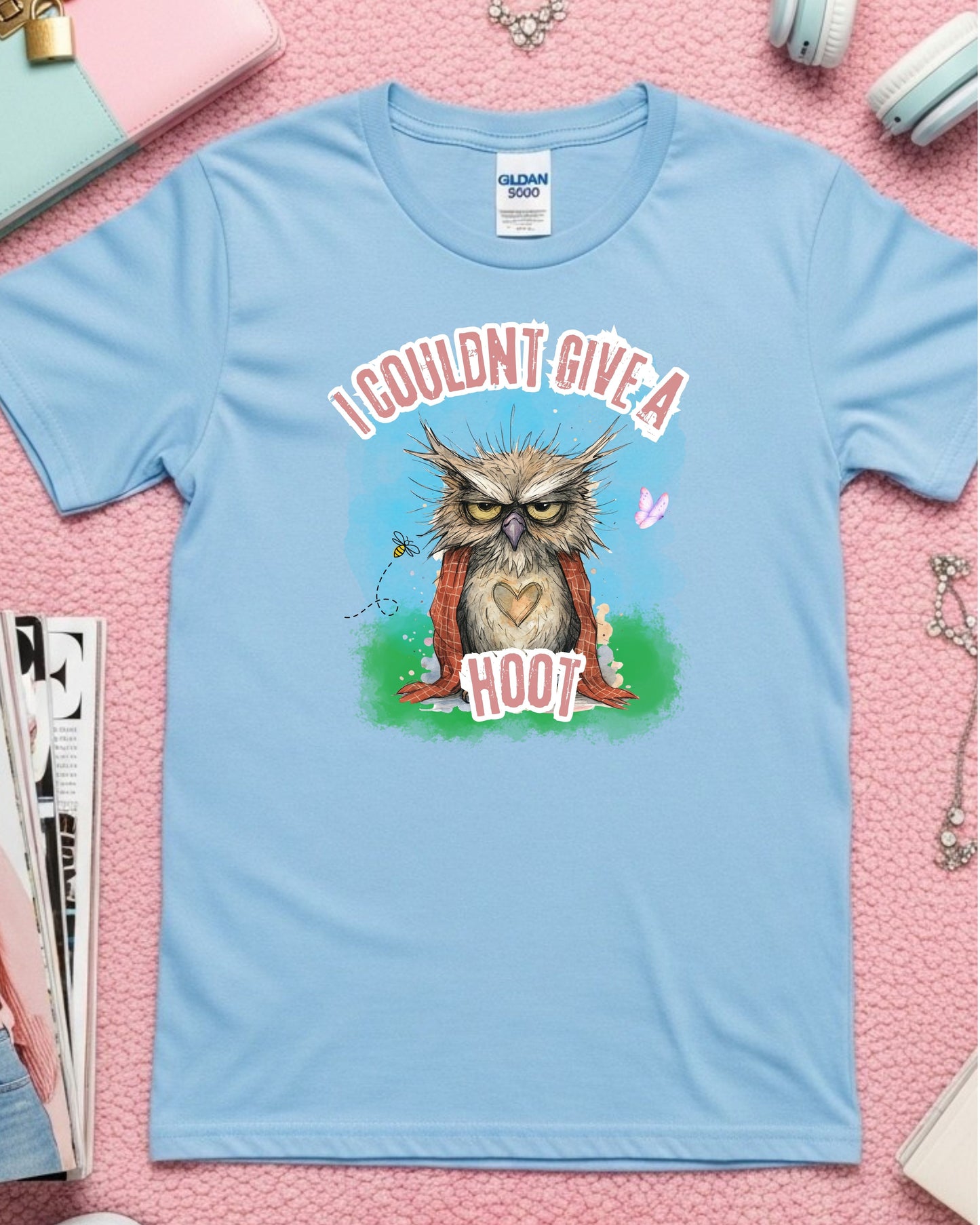 I Couldn’t Give a Hoot T‑Shirt – Grumpy Owl Graphic with Blanket, Cute Woodland Sarcasm Design