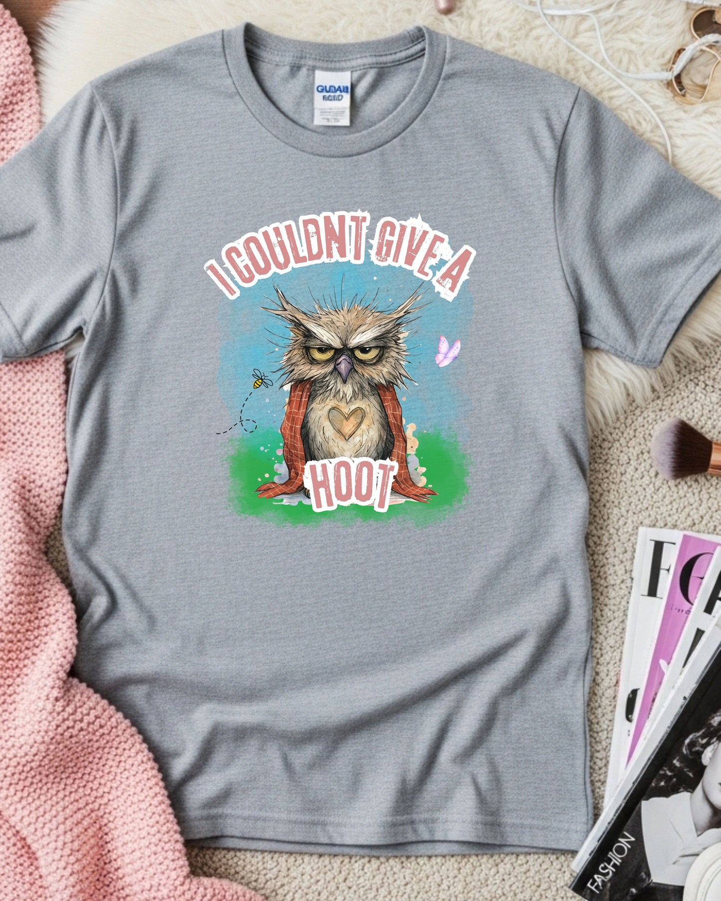 I Couldn’t Give a Hoot T‑Shirt – Grumpy Owl Graphic with Blanket, Cute Woodland Sarcasm Design