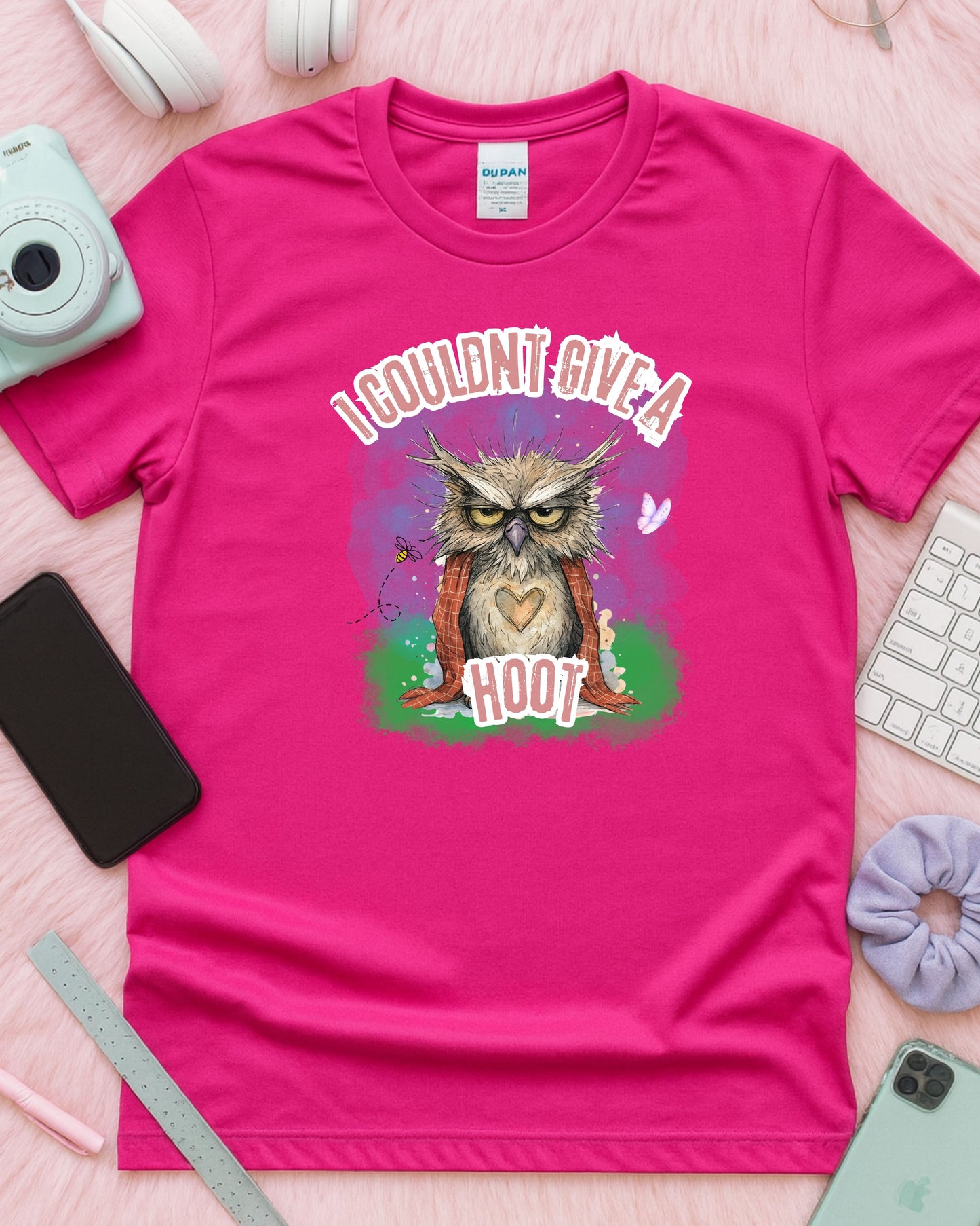 I Couldn’t Give a Hoot T‑Shirt – Grumpy Owl Graphic with Blanket, Cute Woodland Sarcasm Design