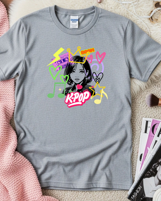 K‑Pop Pop Art T‑Shirt – Colourful Performer Illustration with Hearts, Music Notes & Cassette, Vibrant K‑Pop Fan Graphic
