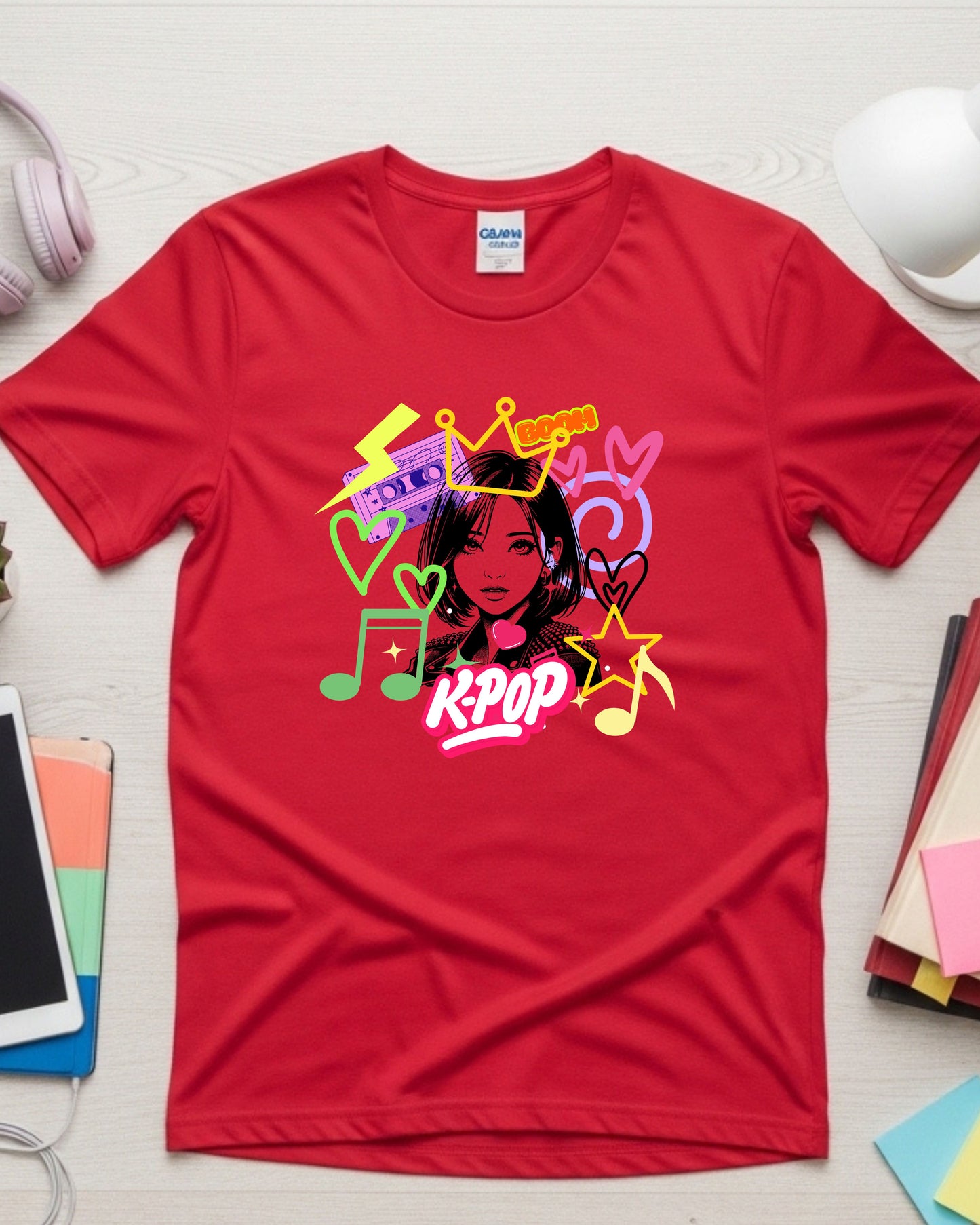 K‑Pop Pop Art T‑Shirt – Colourful Performer Illustration with Hearts, Music Notes & Cassette, Vibrant K‑Pop Fan Graphic