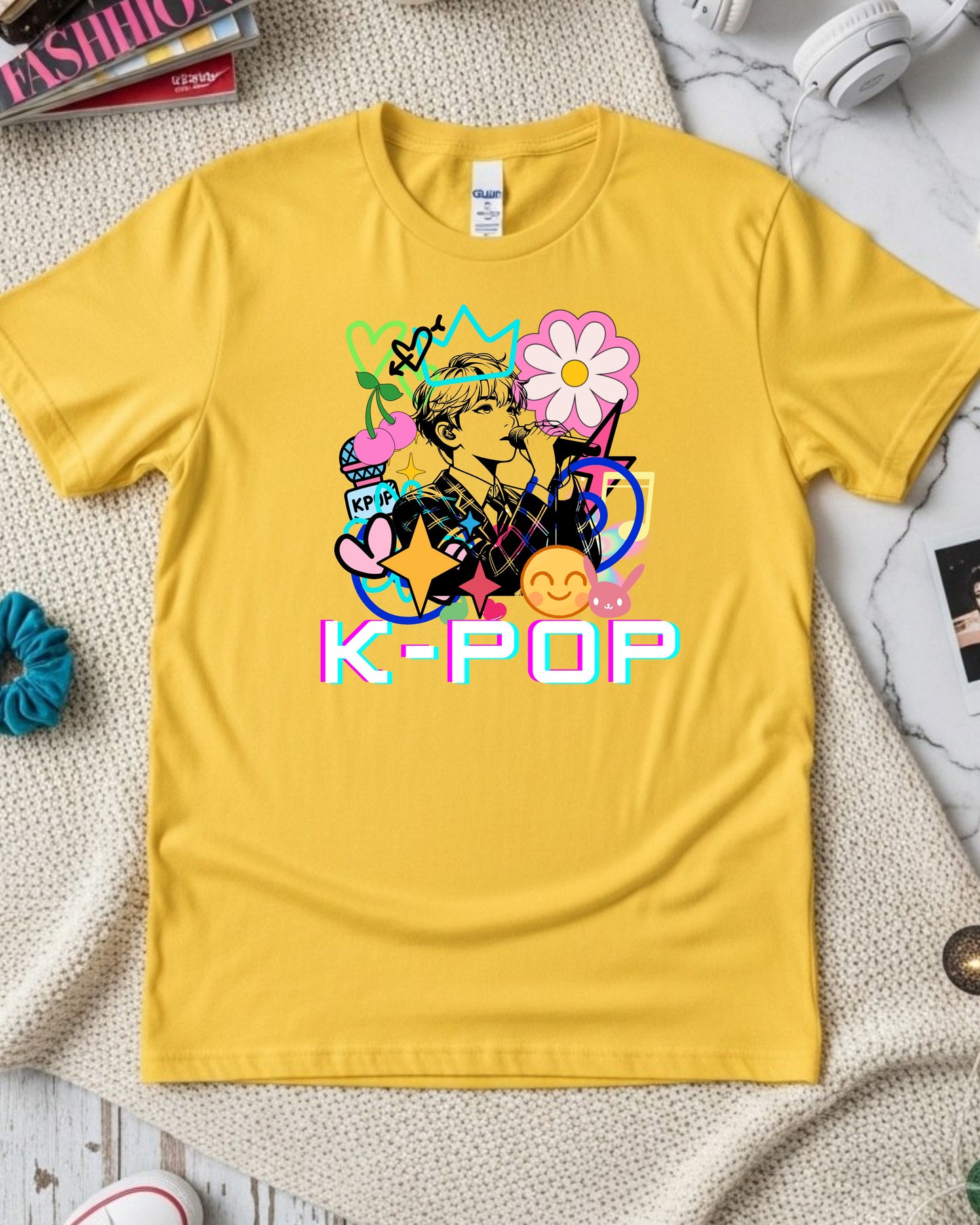 K‑Pop Performer T‑Shirt – Pop Art Singer Illustration with Hearts, Stars, Cherries & Music Notes, Colourful K‑Pop Fan Graphic