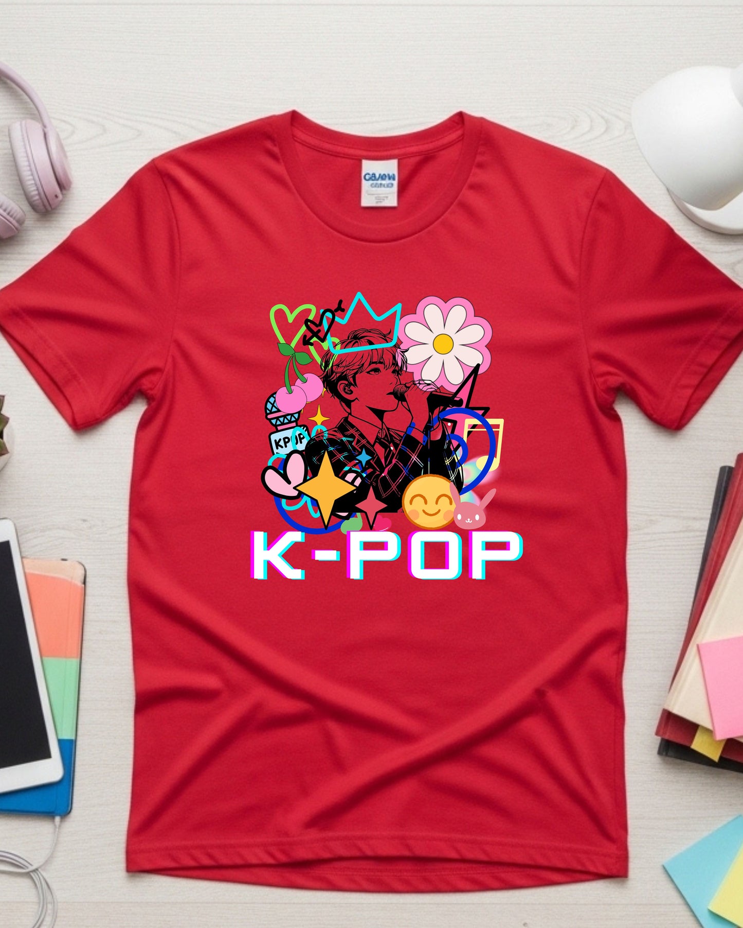 K‑Pop Performer T‑Shirt – Pop Art Singer Illustration with Hearts, Stars, Cherries & Music Notes, Colourful K‑Pop Fan Graphic